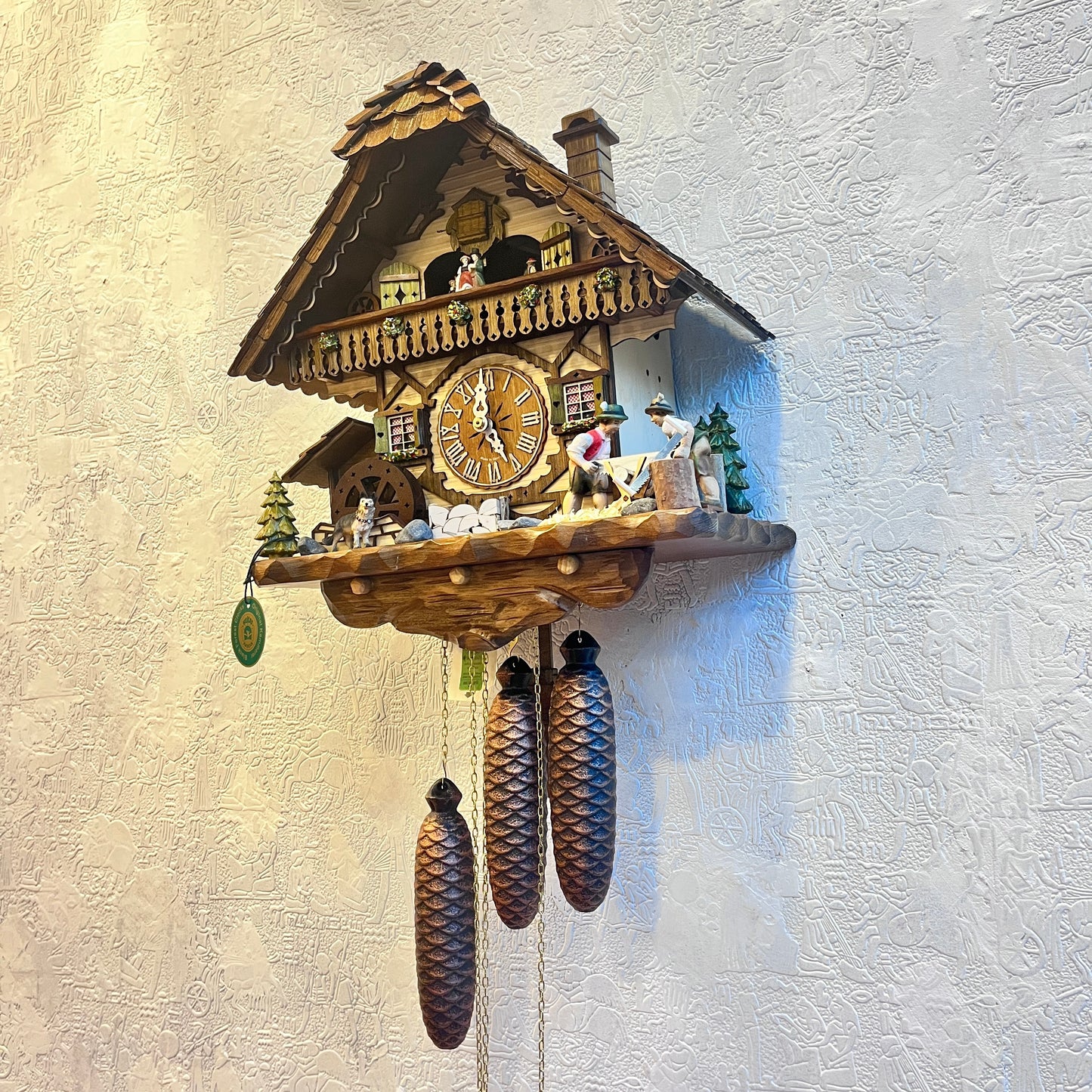 Musical German Cuckoo Clock With Sawing Men And Water Wheel