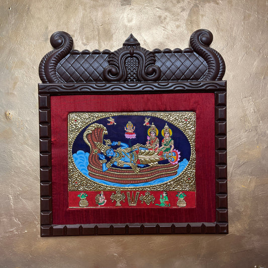 Anantha Shayana Tanjore Painting – Lord Vishnu Reclining on Adisesha with Lakshmi & Brahma | Authentic Gold Leaf South Indian Wall Art