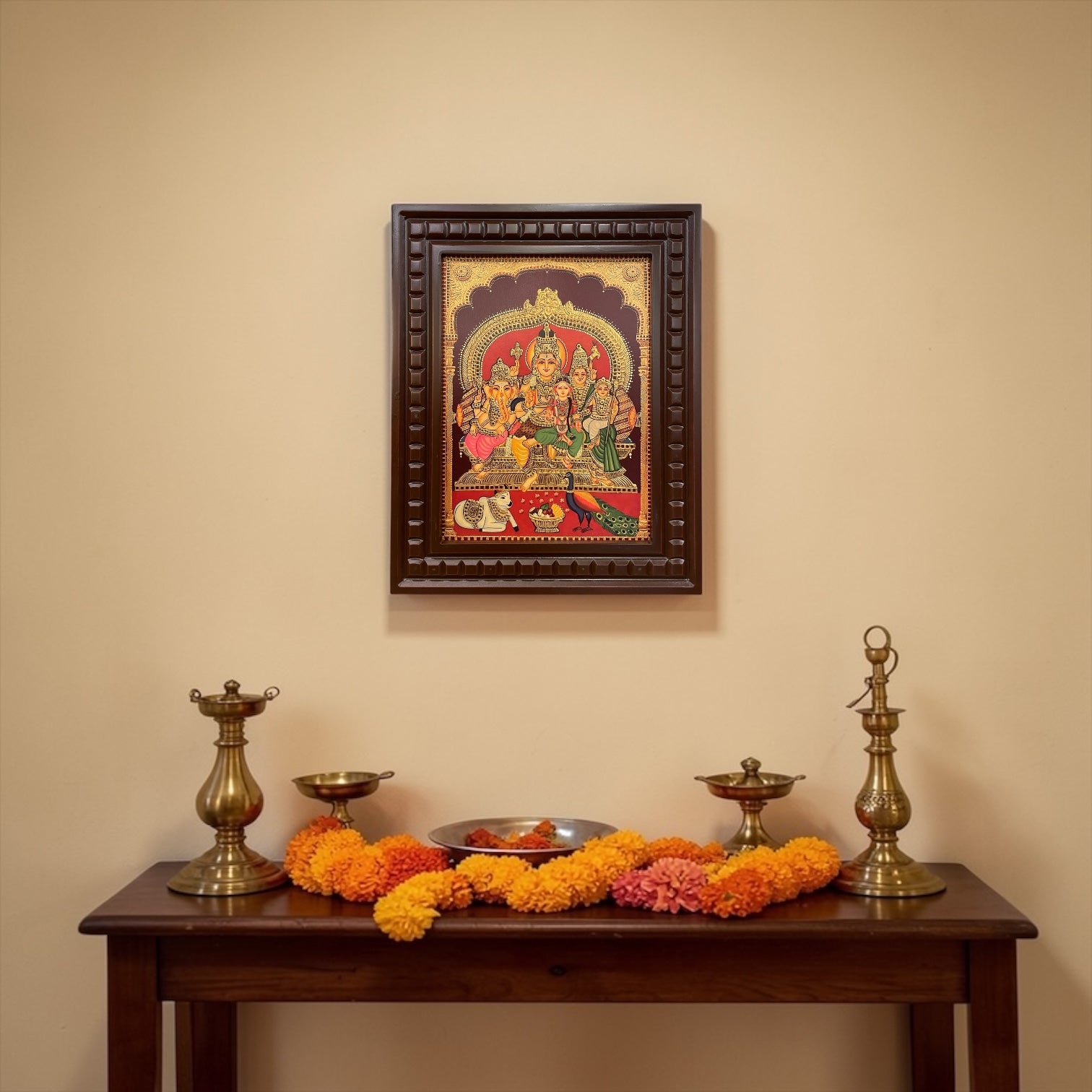 Shiva Parivar with Ashoka Sundari | Divine Family Wall Art for Pooja Room | Luxury Spiritual Frame.