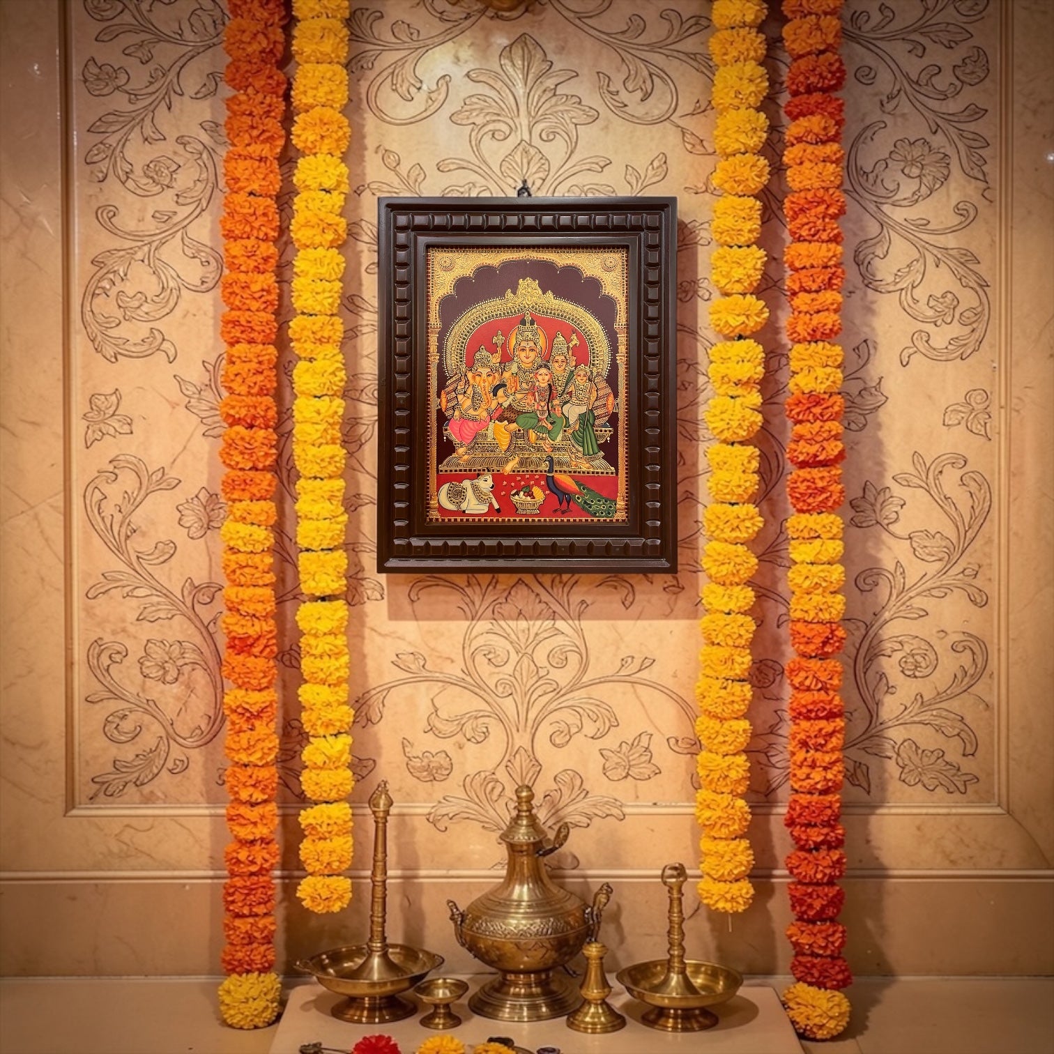 Shiva Parivar with Ashoka Sundari | Divine Family Wall Art for Pooja Room | Luxury Spiritual Frame.