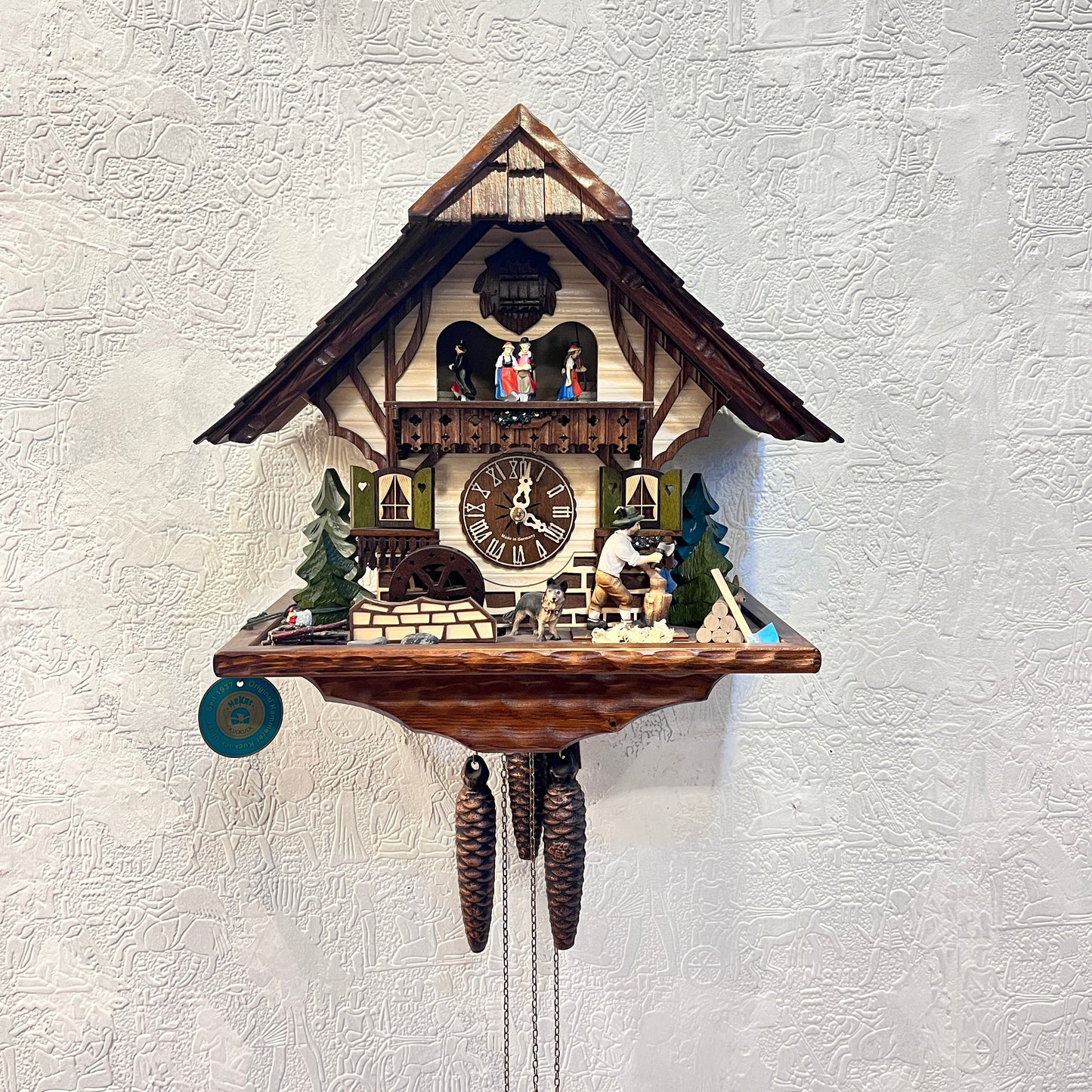 Musical cuckoo clock with wood cutter, water wheel & German farm dance - one day mechanical Movement