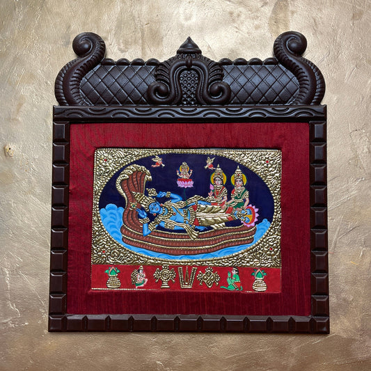 Anantha Shayana Tanjore Painting – Lord Vishnu Reclining on Adisesha with Lakshmi & Brahma | Authentic Gold Leaf South Indian Wall Art