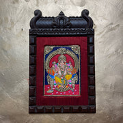 Lord Ganesha Tanjore Painting – Vighnaharta Ganapati with Gold Leaf | Traditional Thanjavur Art Wall Frame