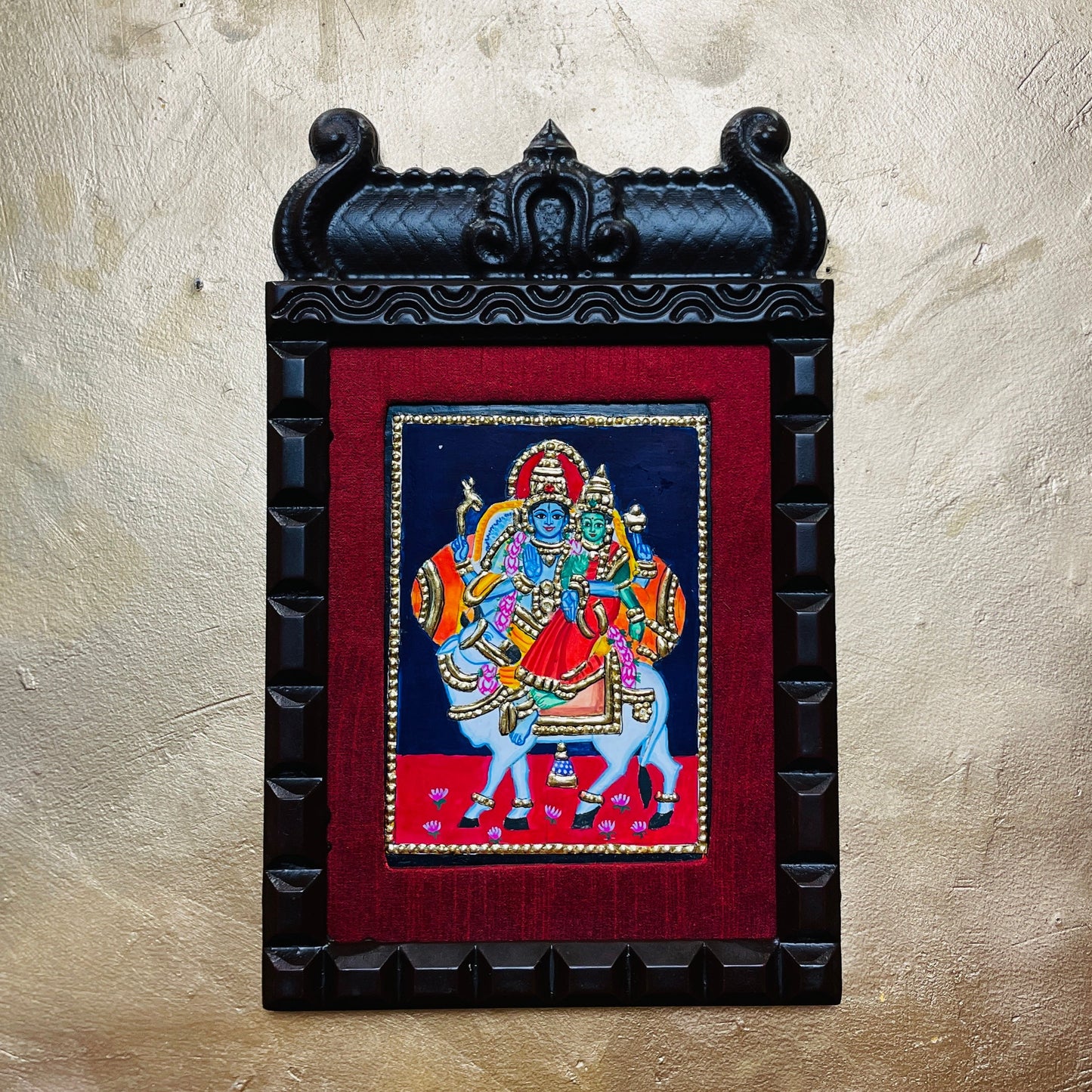 Shiva and Parvati on Nandi Tanjore Painting