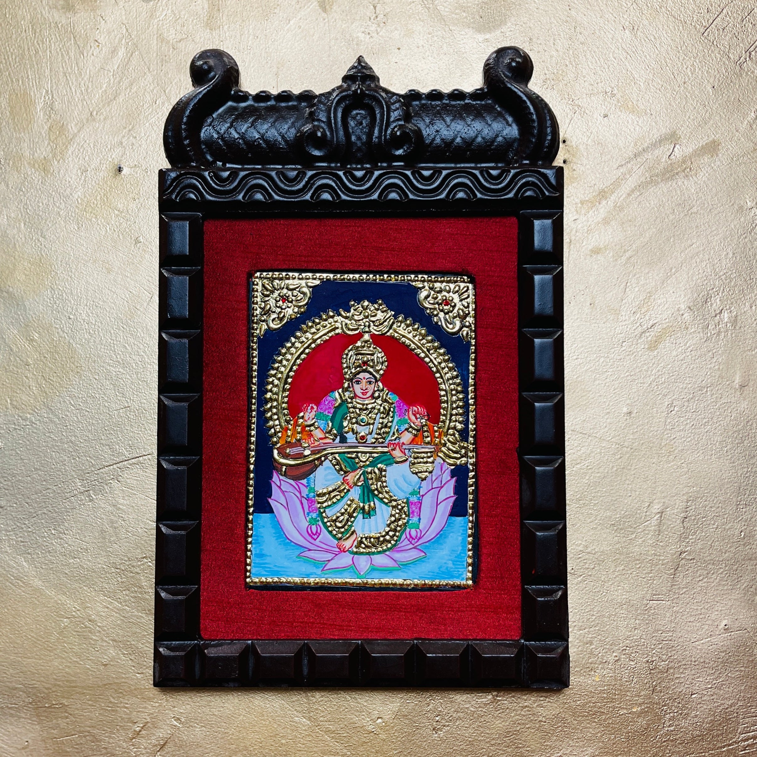 Goddess Saraswati Tanjore Painting – Veena-Dharini on Hamsa with Gold Leaf | Traditional Thanjavur Art Wall Frame