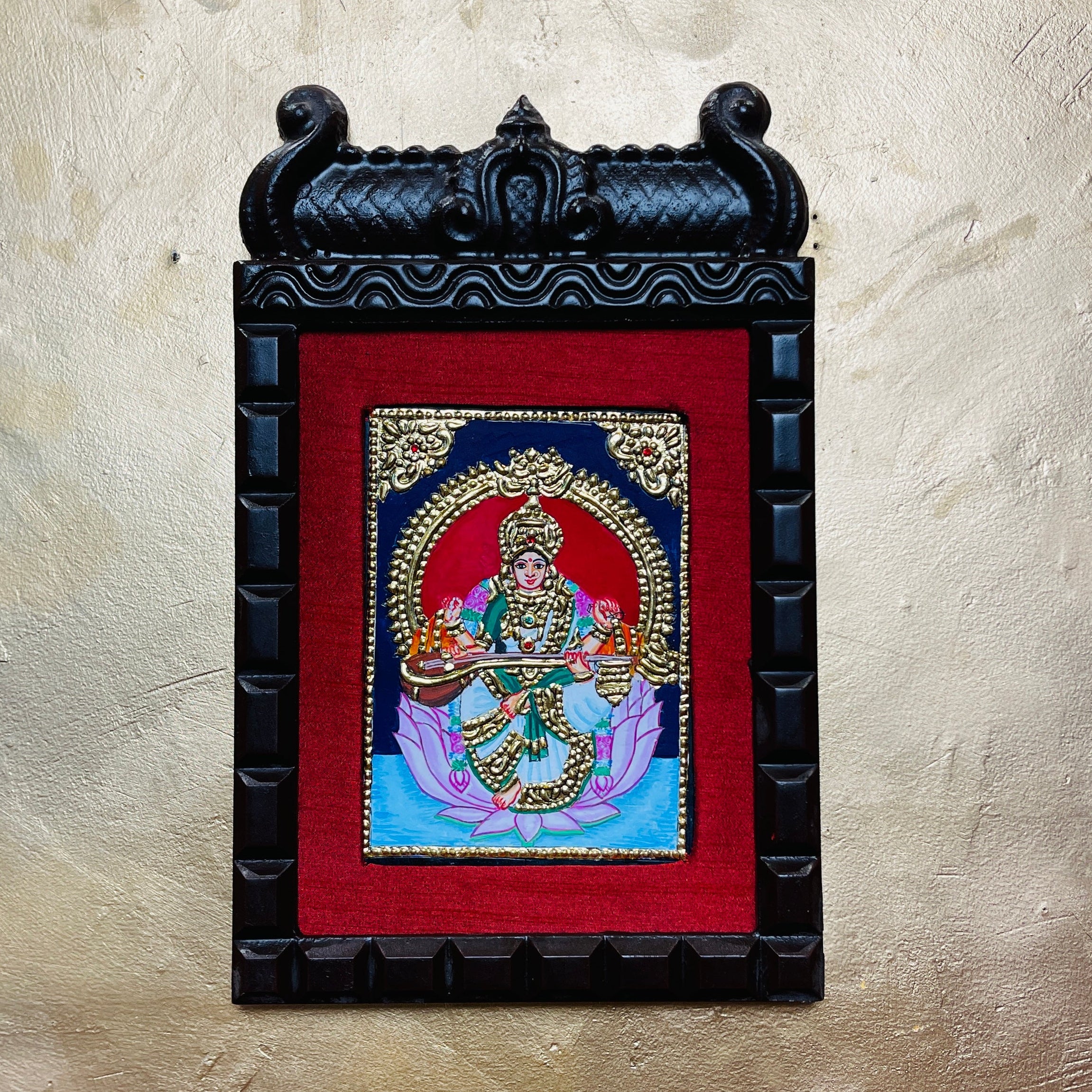 Goddess Saraswati Tanjore Painting – Veena-Dharini on Hamsa with Gold Leaf | Traditional Thanjavur Art Wall Frame