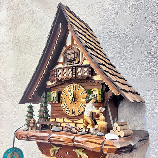 Mechanical original cuckoo clock with wood cutter with pine trees and dog miniature - 8 day Movement