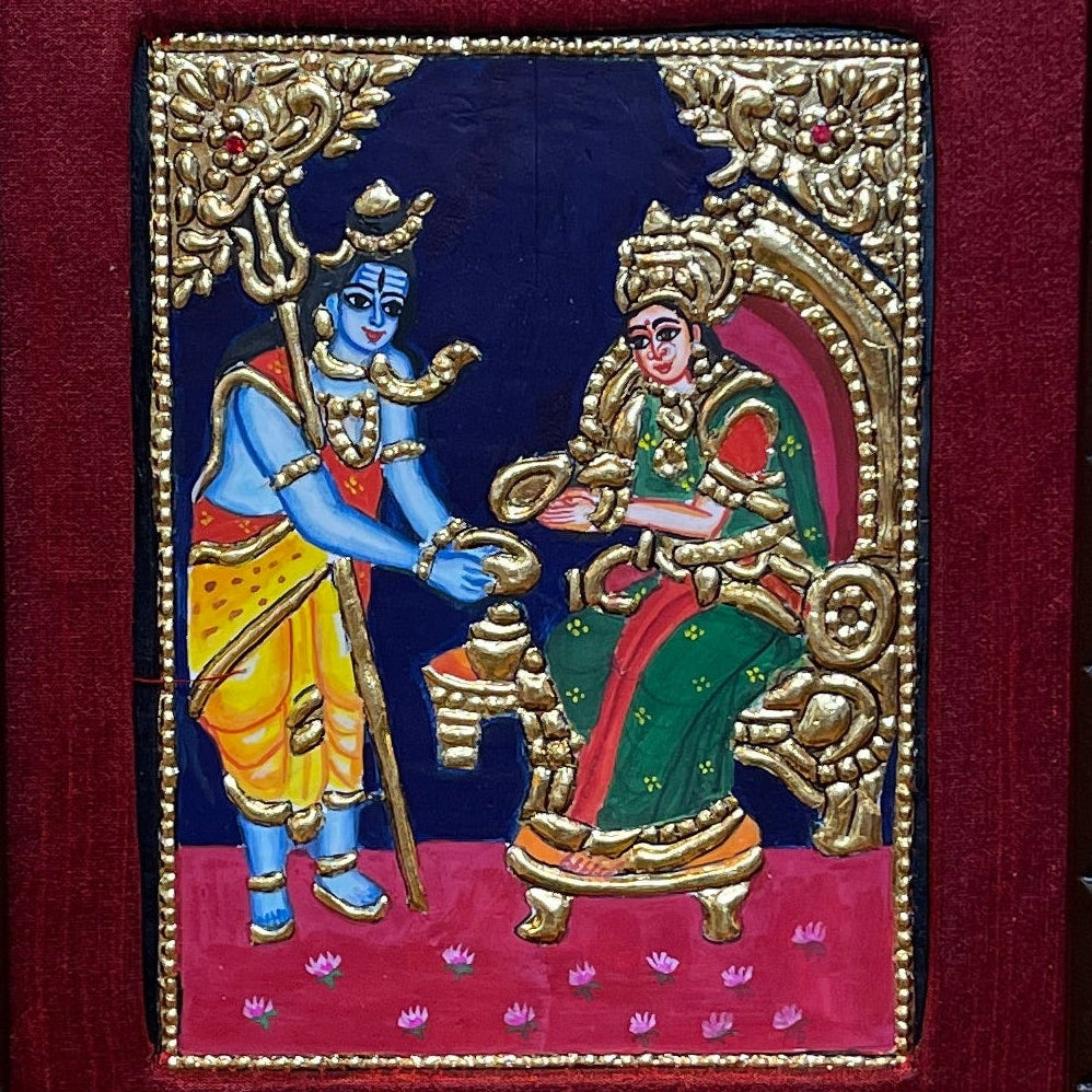 Shiva Annapurna Tanjore Painting – Goddess Annapurna Offering Food to Lord Shiva with Gold Leaf | Traditional Thanjavur Art Wall Frame