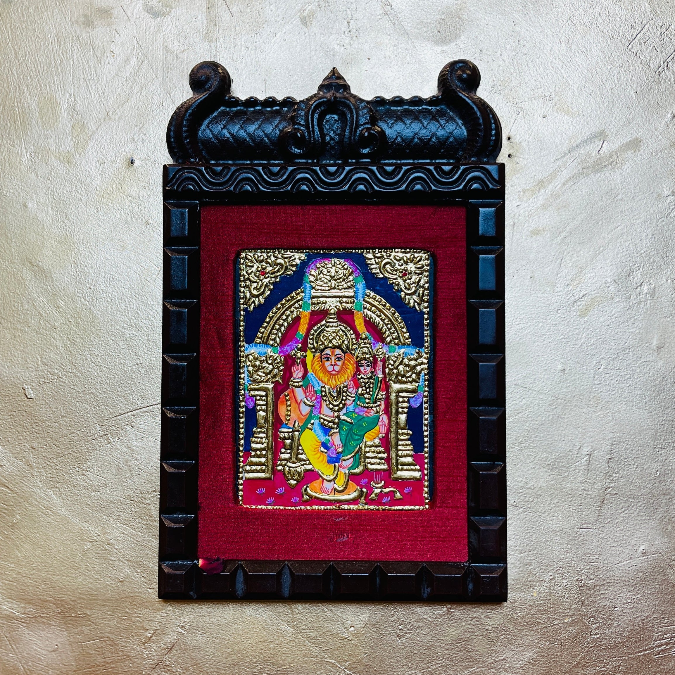 Lakshmi Narasimha Tanjore Painting – Lord Narasimha with Goddess Lakshmi in Gold Leaf | Traditional Thanjavur Art Wall Frame