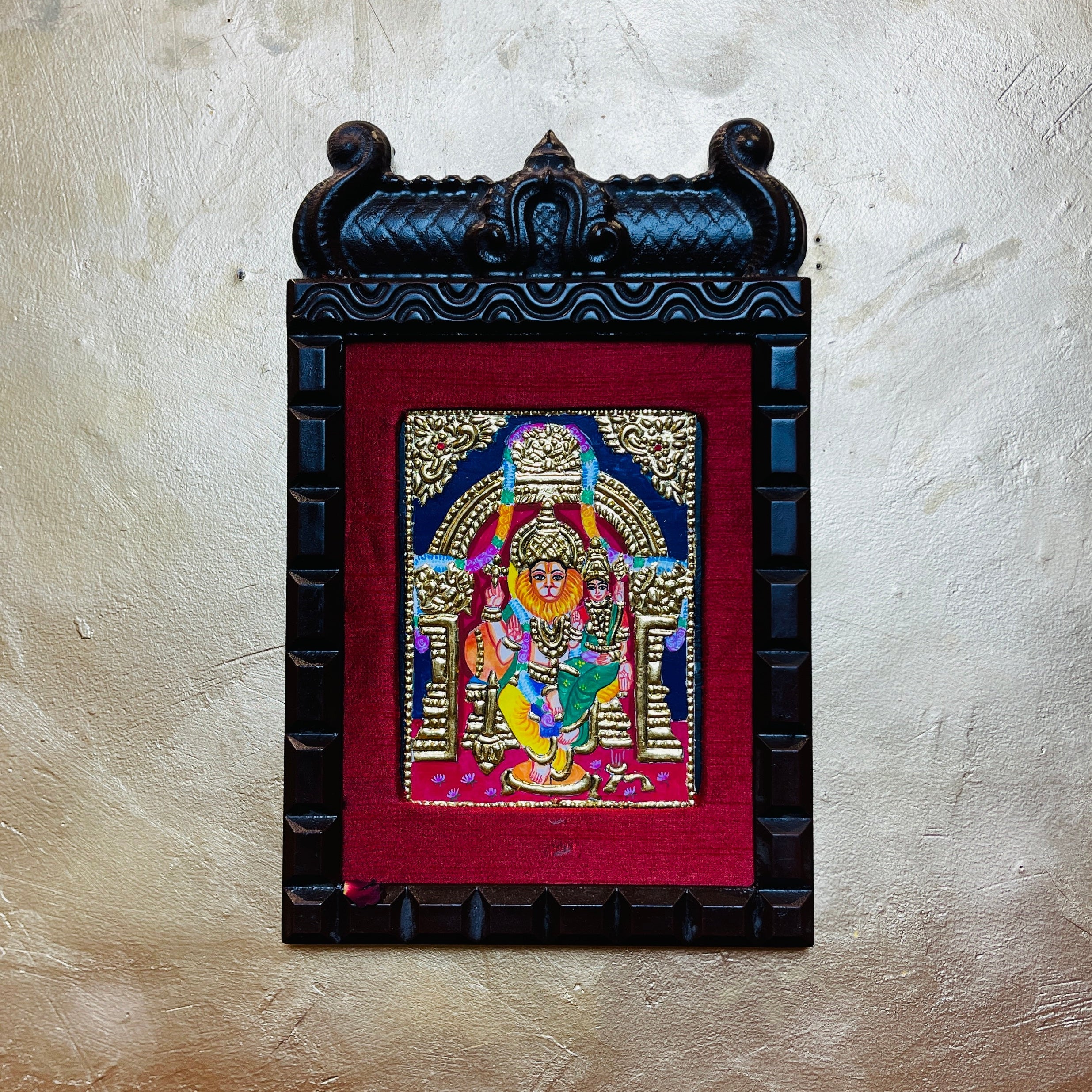 Lakshmi Narasimha Tanjore Painting – Lord Narasimha with Goddess Lakshmi in Gold Leaf | Traditional Thanjavur Art Wall Frame