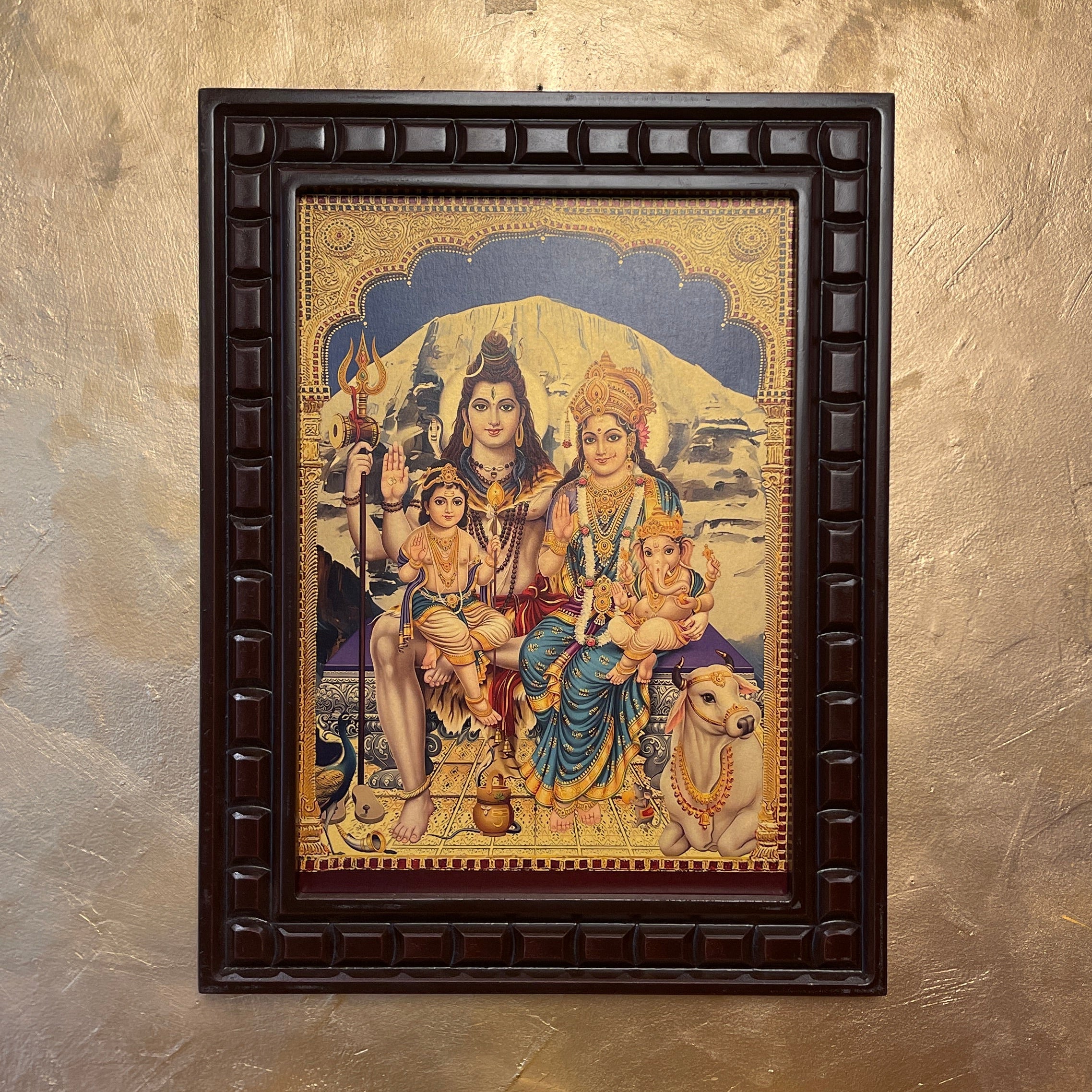 Shiva Parivar Gold Leafed Wall Art with Premium Wooden Frame
