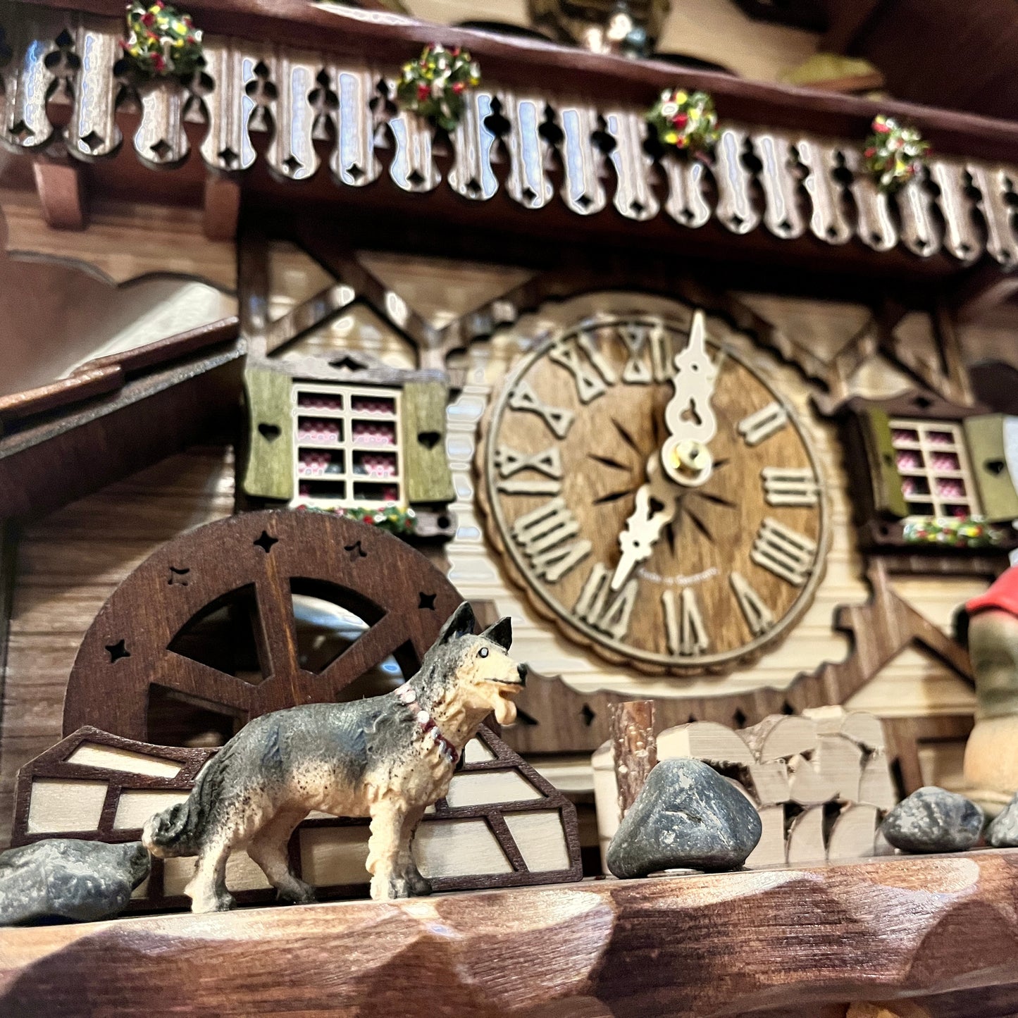 Musical German Cuckoo Clock With Sawing Men And Water Wheel