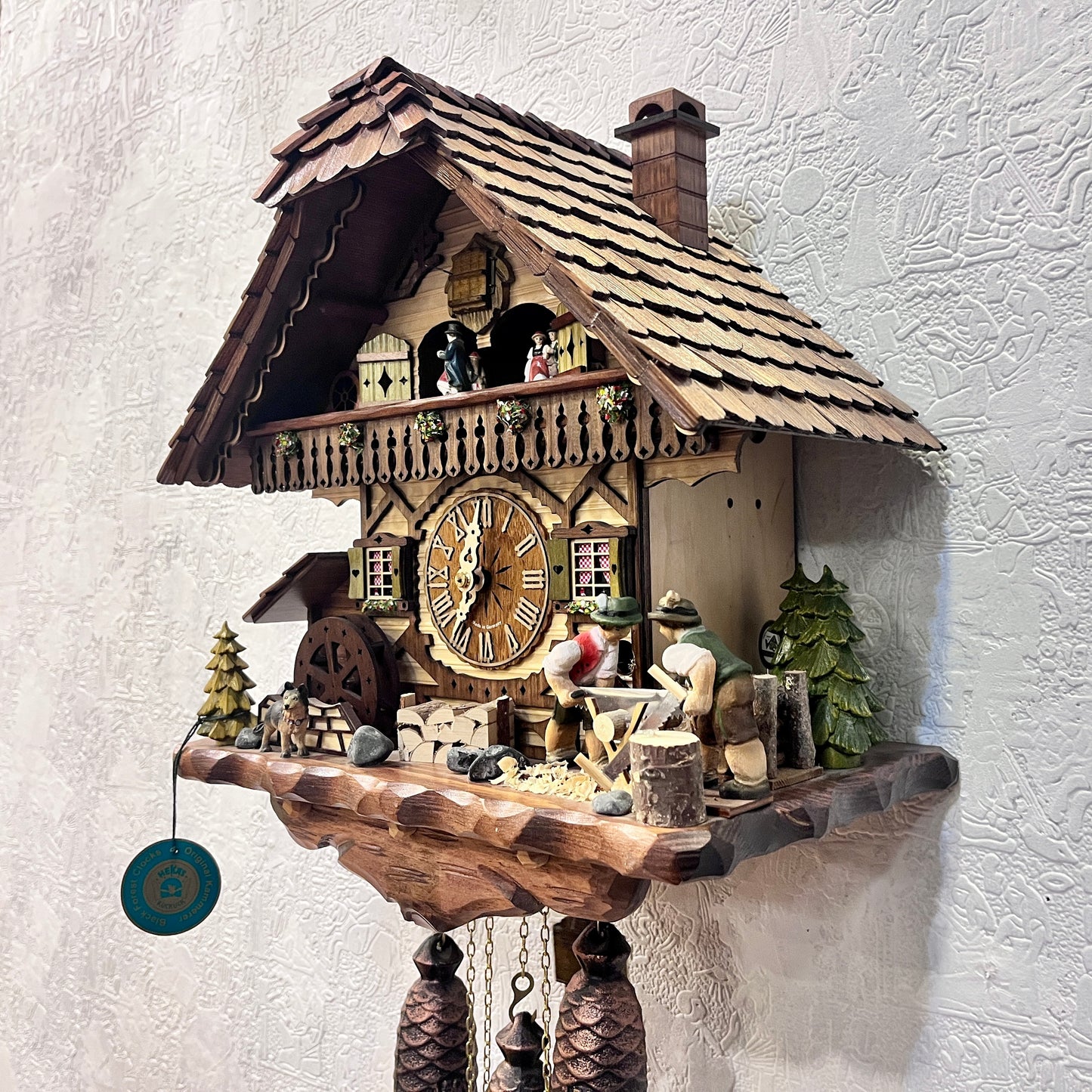 Musical German Cuckoo Clock With Sawing Men And Water Wheel