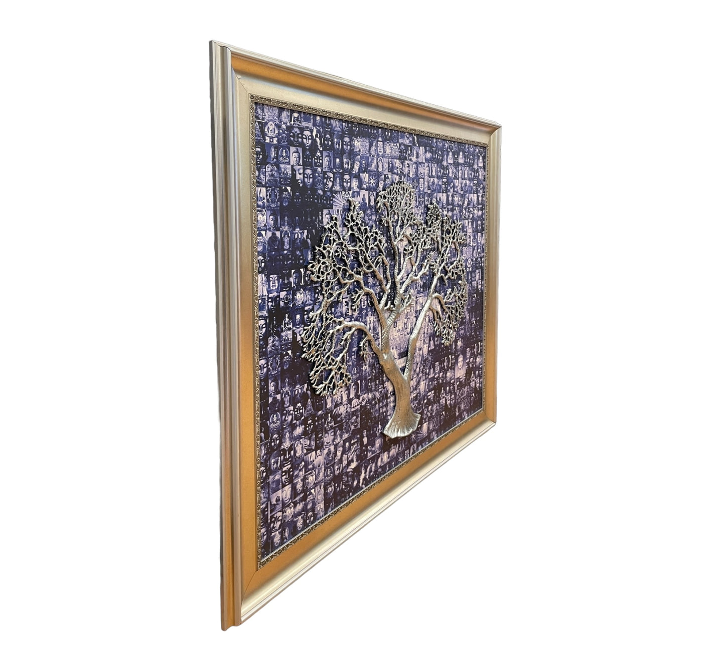 A thousand Buddha's as background with  Antique Silver finish  bodhi Tree With Silver Frame