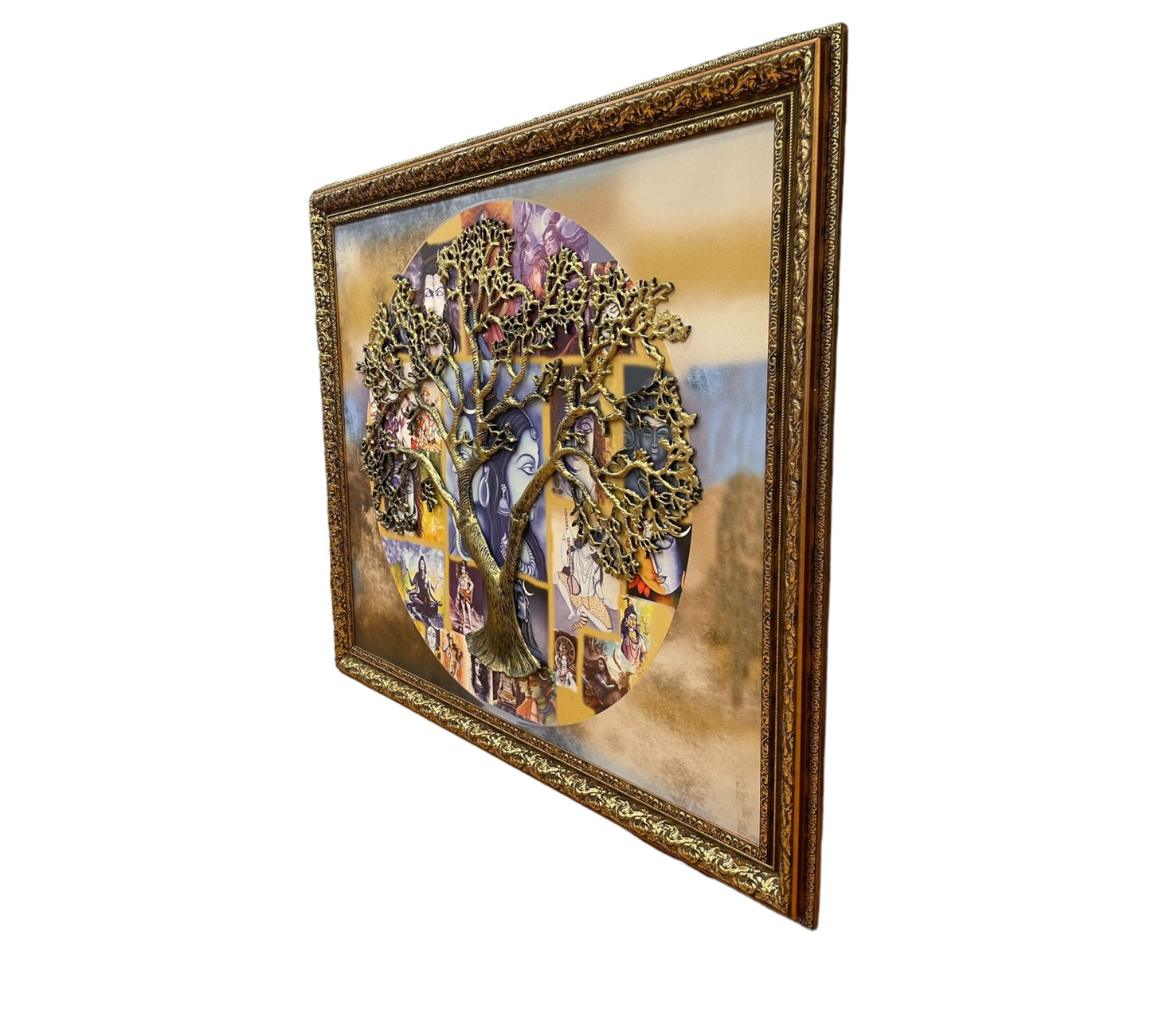 Shiva's Essence: Metal Antique Gold Kalpavriksha Tree With Antique Gold Frame