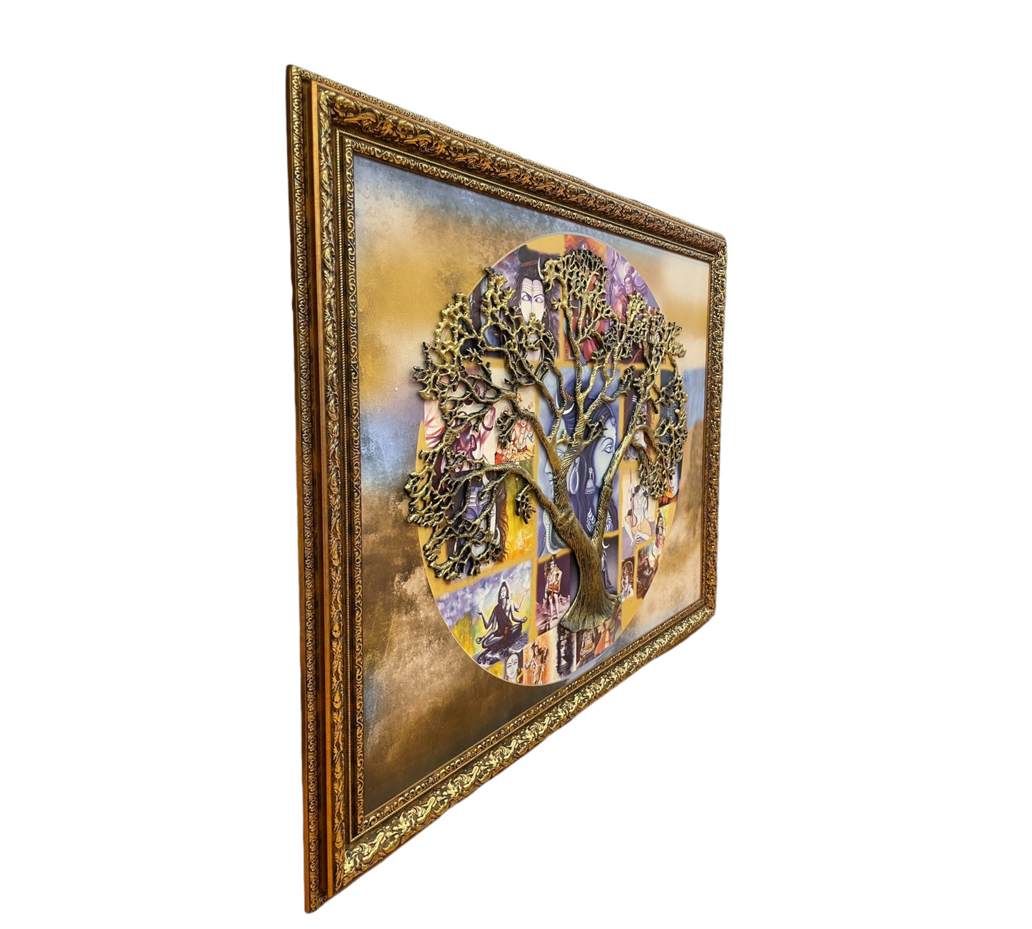 Shiva's Essence: Metal Antique Gold Kalpavriksha Tree With Antique Gold Frame