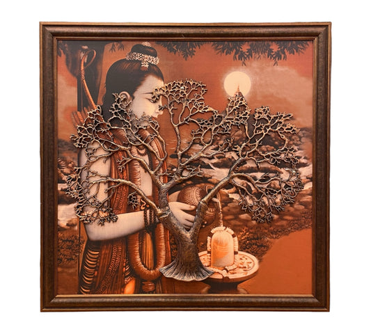 Shri Ram celebrating the Kalpavriksha. Copper Metal Tree in Rustic Brown frame