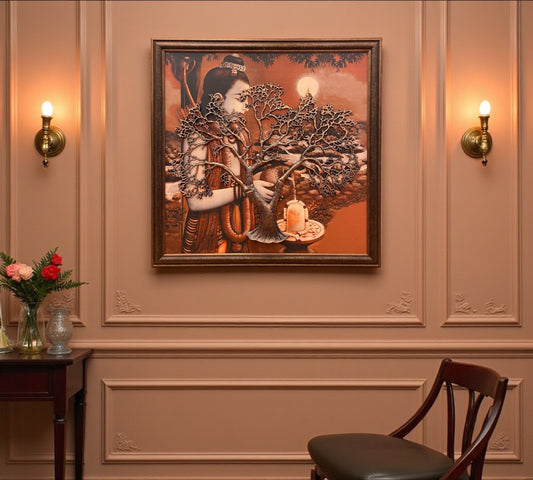 Shri Ram celebrating the Kalpavriksha. Copper Metal Tree in Rustic Brown frame