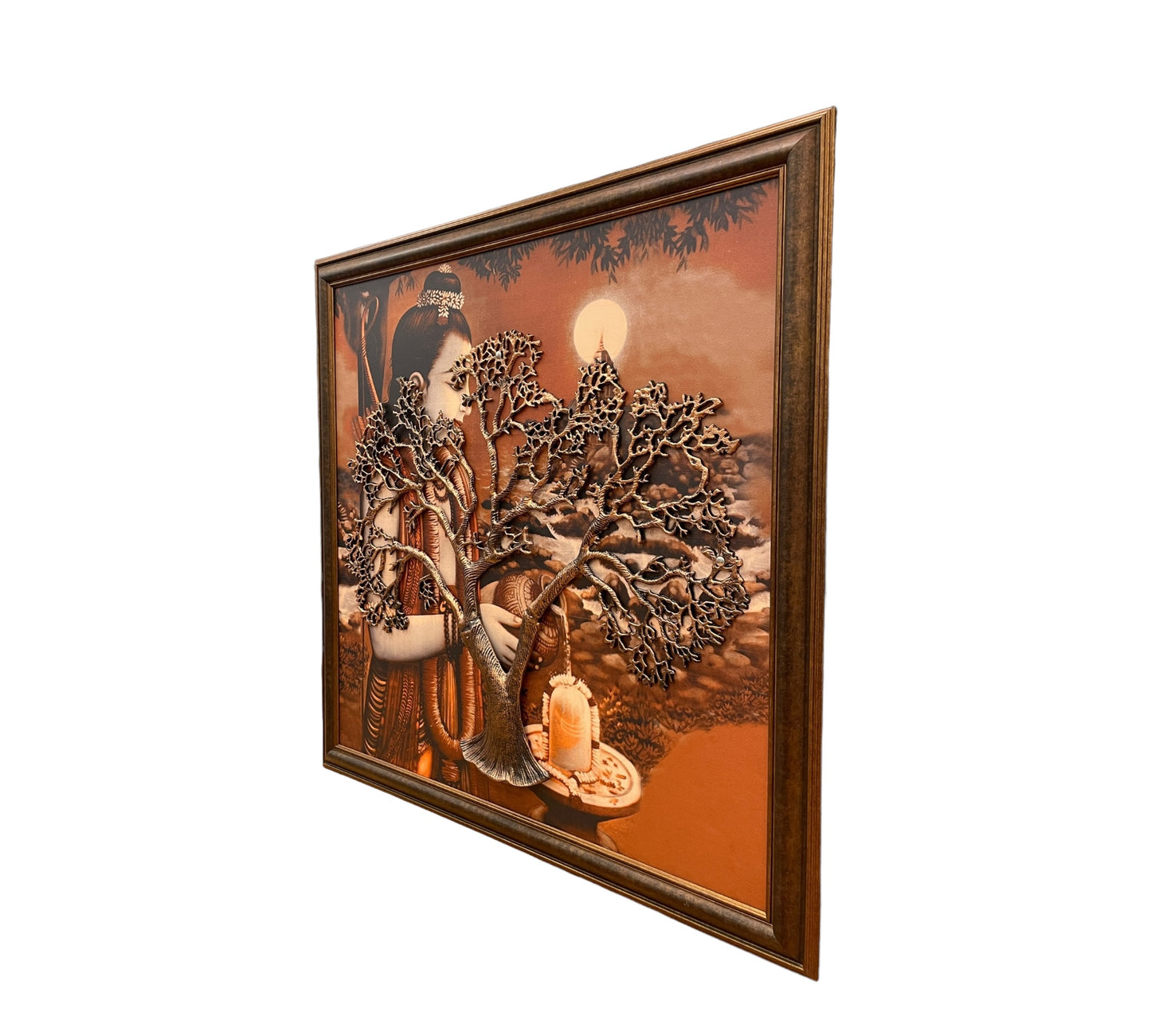 Shri Ram celebrating the Kalpavriksha. Copper Metal Tree in Rustic Brown frame