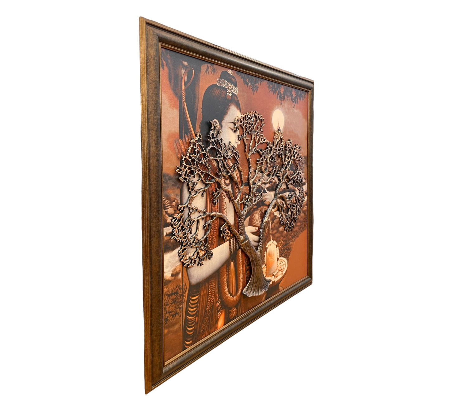 Shri Ram celebrating the Kalpavriksha. Copper Metal Tree in Rustic Brown frame