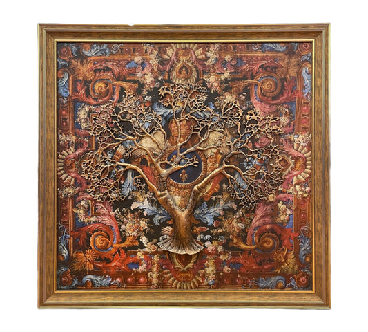 French Royal Emblem background Kalpavriksha Copper Tree With Antique Brown Frame