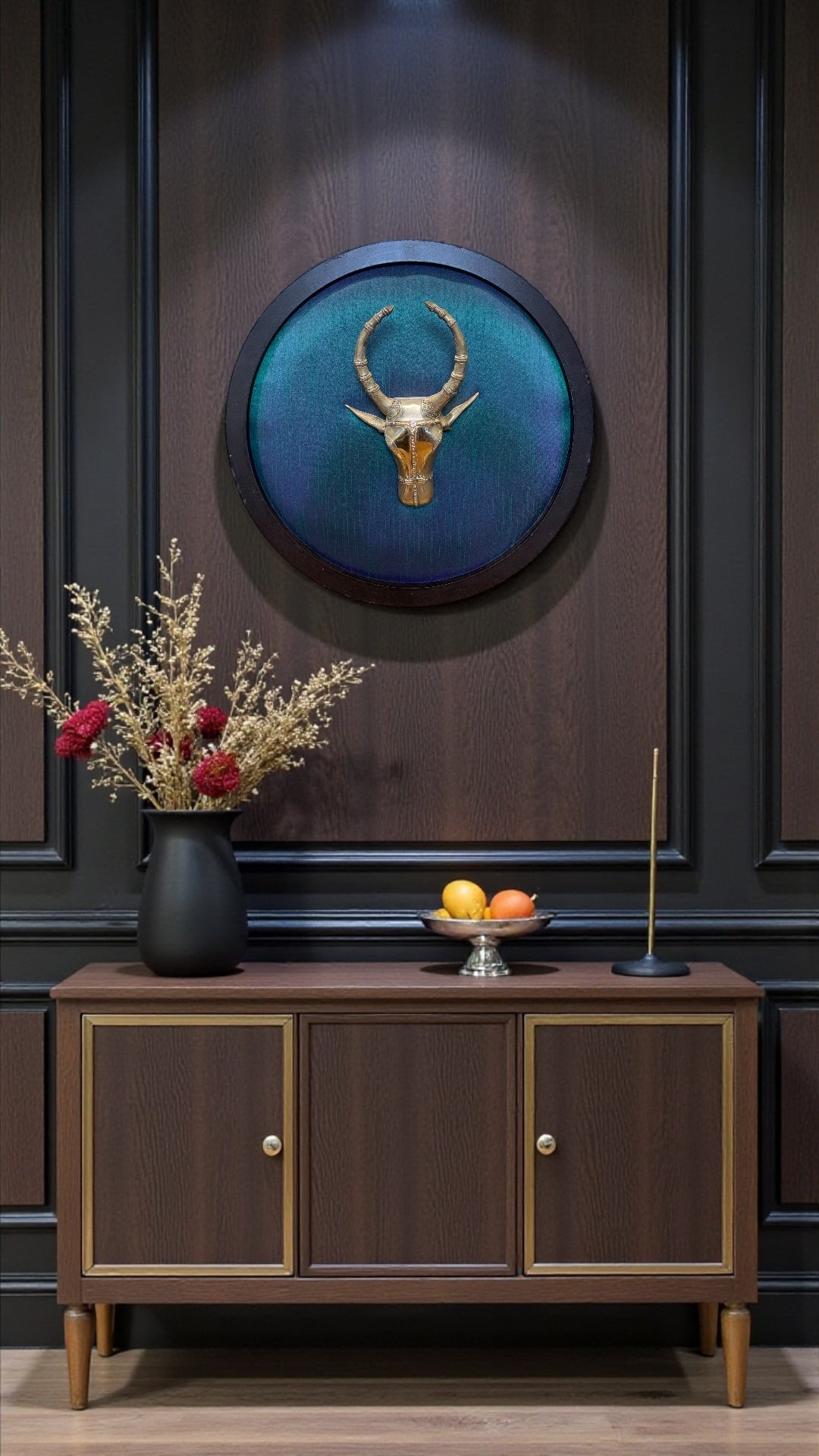 Divine Brass Cow Head Wall Art with Elegant Blue Silk Backdrop