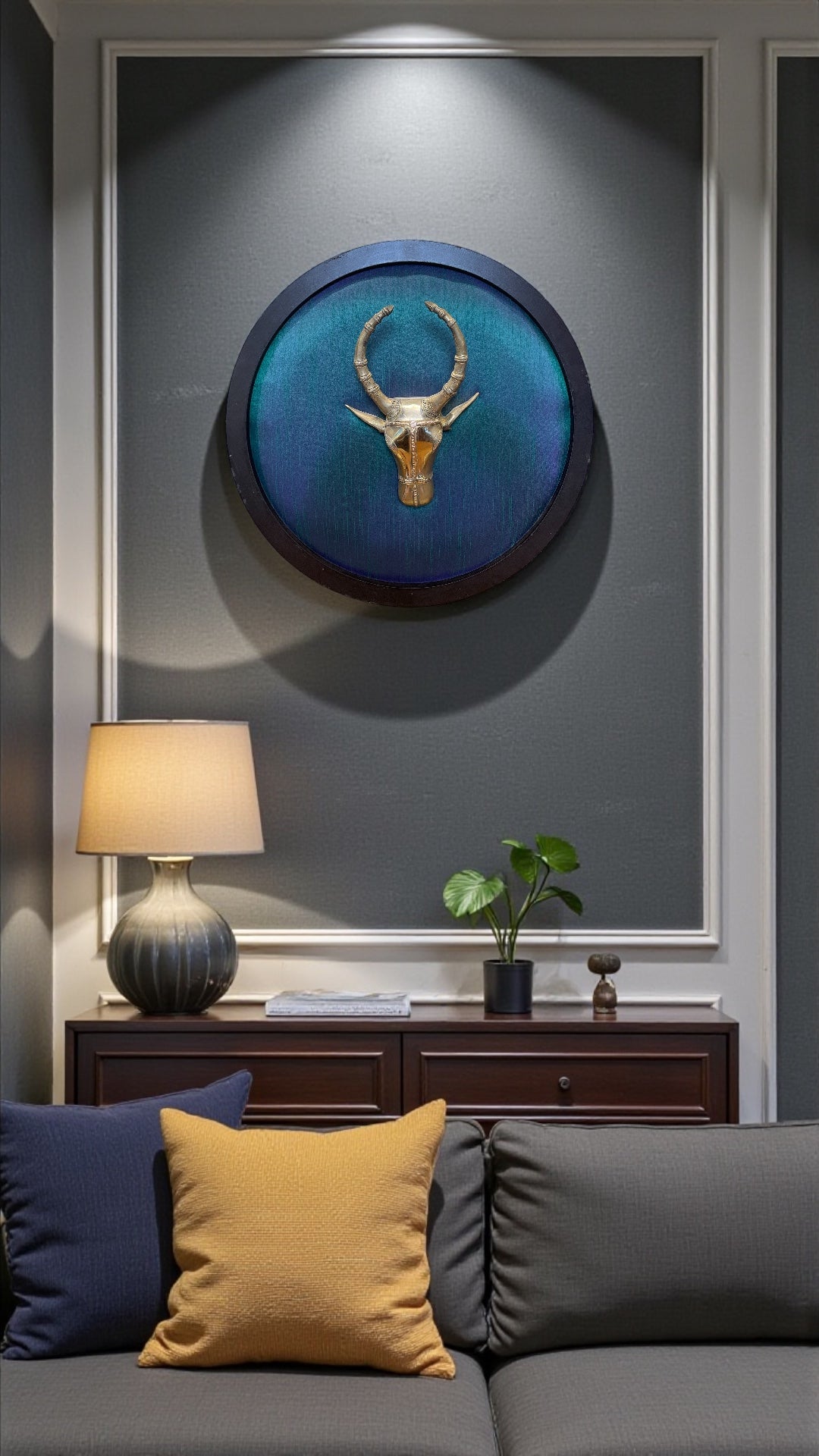 Divine Brass Cow Head Wall Art with Elegant Blue Silk Backdrop