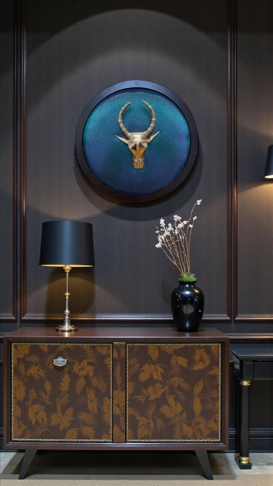 Divine Brass Cow Head Wall Art with Elegant Blue Silk Backdrop