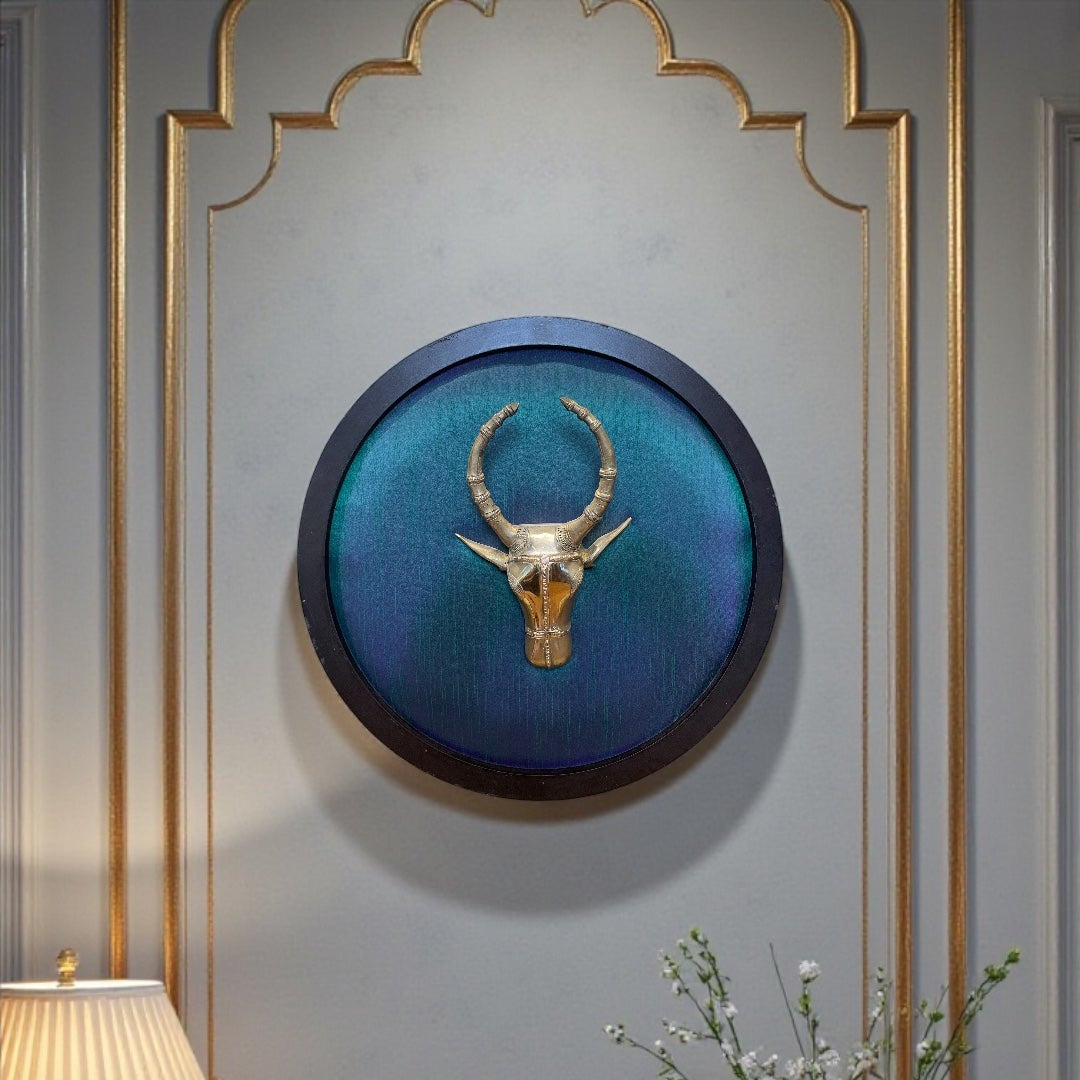 Divine Brass Cow Head Wall Art with Elegant Blue Silk Backdrop
