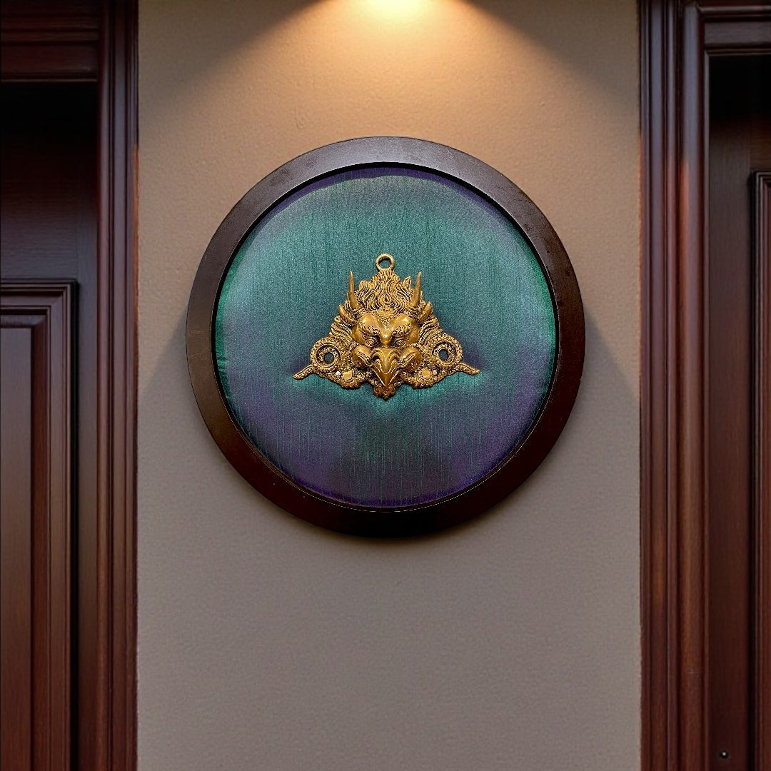 Brass Garuda Wall Art with Shining Silk Backdrop & Wooden Frame – Divine Vastu Décor