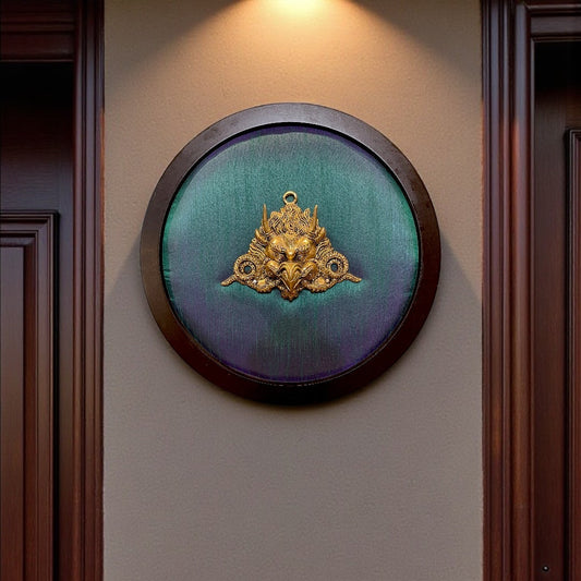 Brass Garuda Wall Art with Shining Silk Backdrop & Wooden Frame – Divine Vastu Décor