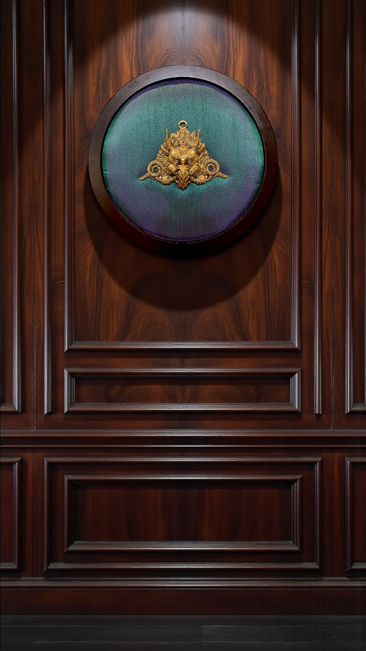 Brass Garuda Wall Art with Shining Silk Backdrop & Wooden Frame – Divine Vastu Décor