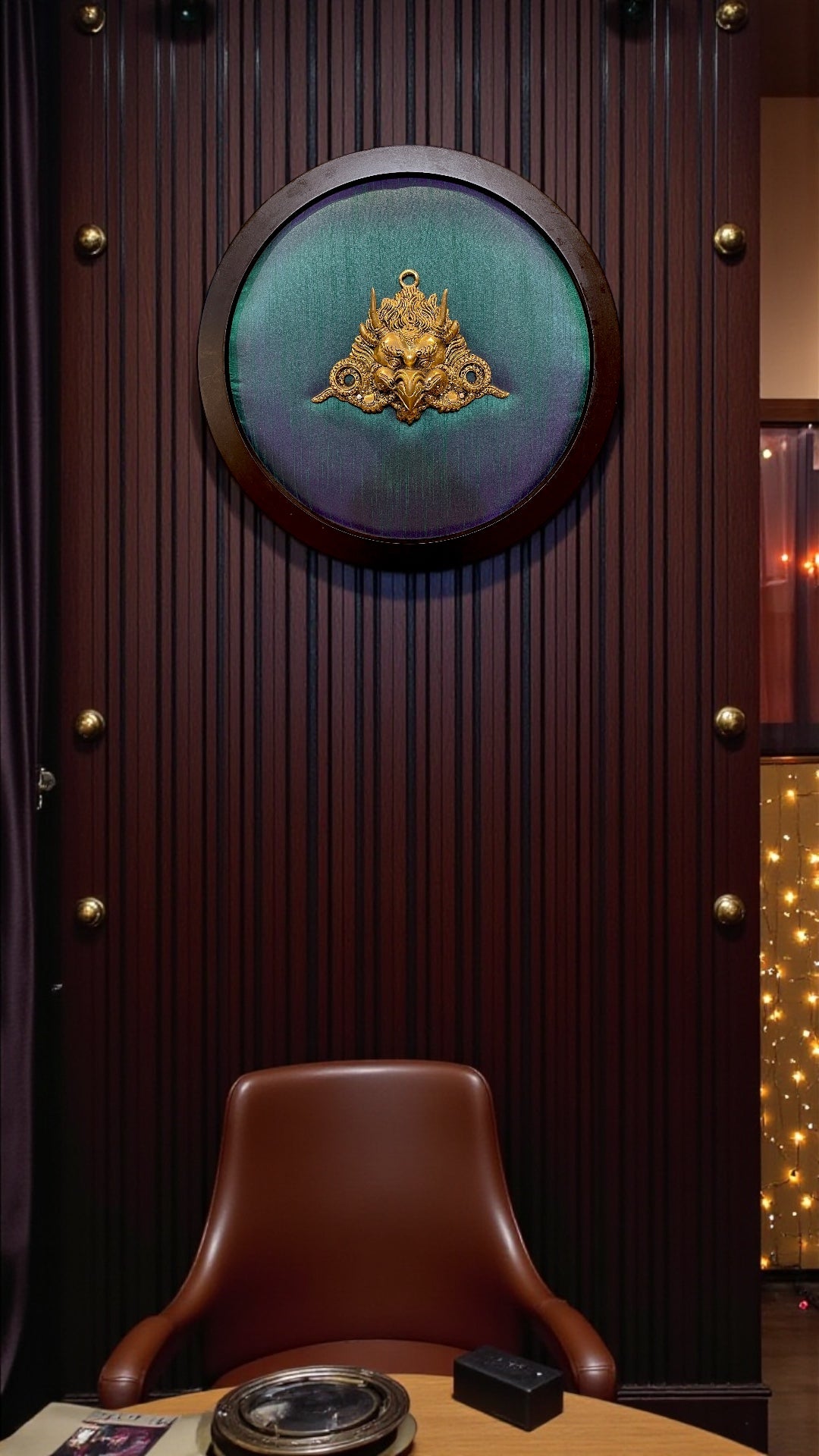 Brass Garuda Wall Art with Shining Silk Backdrop & Wooden Frame – Divine Vastu Décor