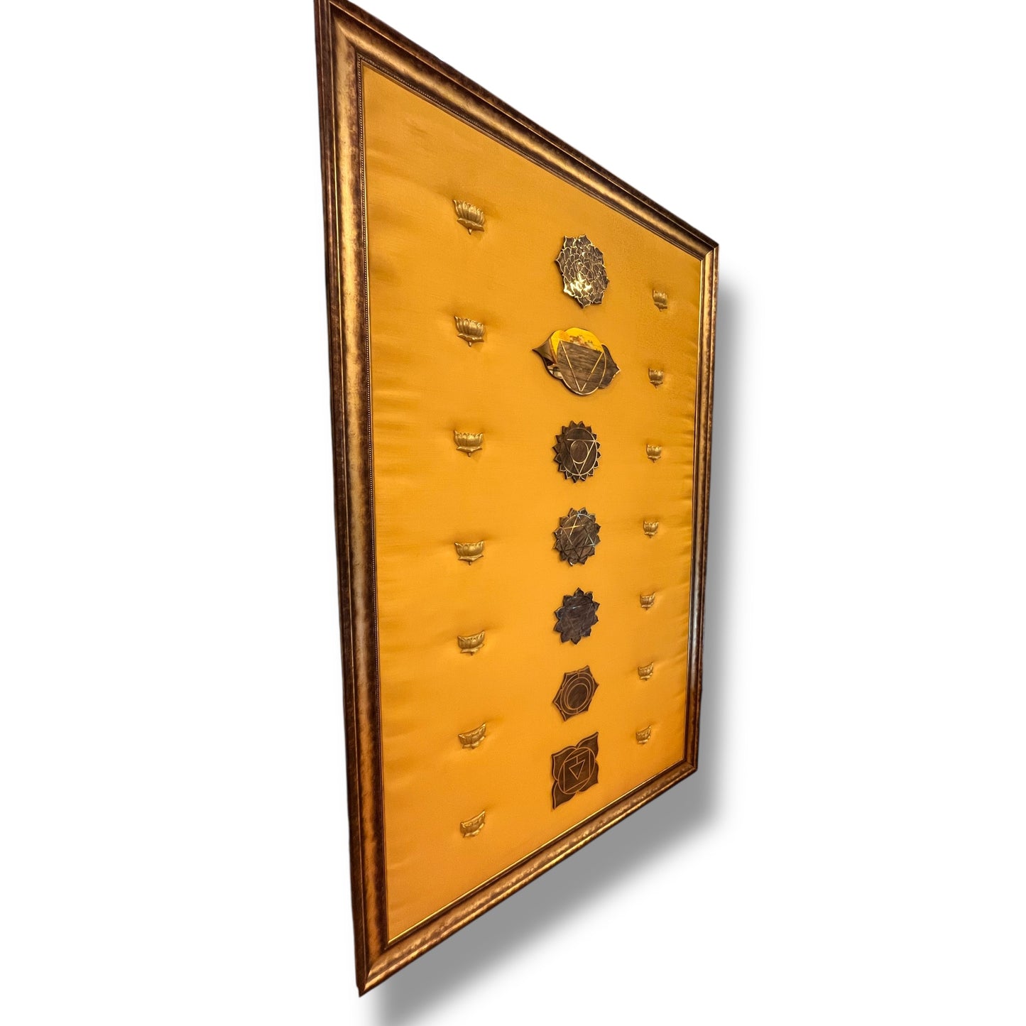 7 Chakra Wall Art | Sacred Energy Symbols crafted in titanium with brass lotus embellishments on Golden Silk | Framed decor to make a statement.