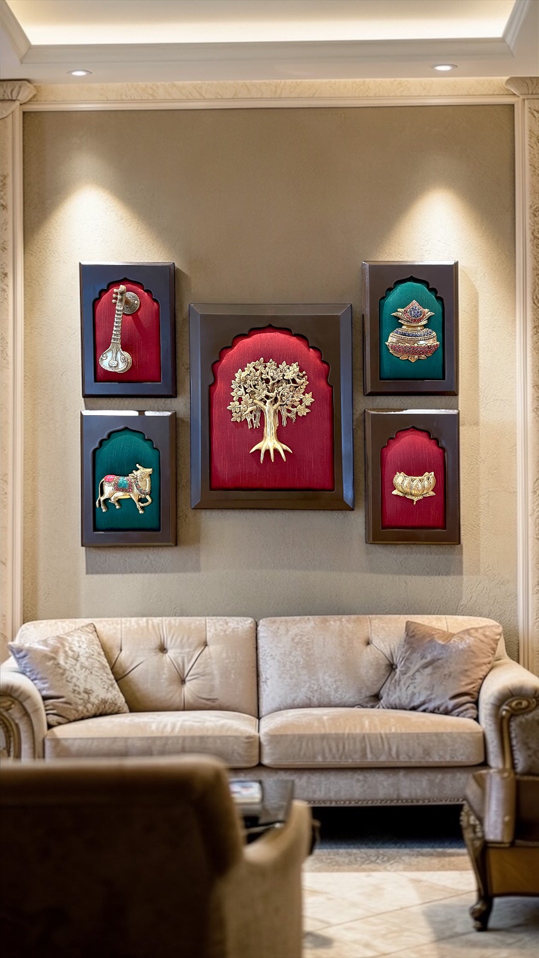 Divine Kalpavriksha Wall Art | Brass 5 Element Decor for Home | Luxury Spiritual Frame.