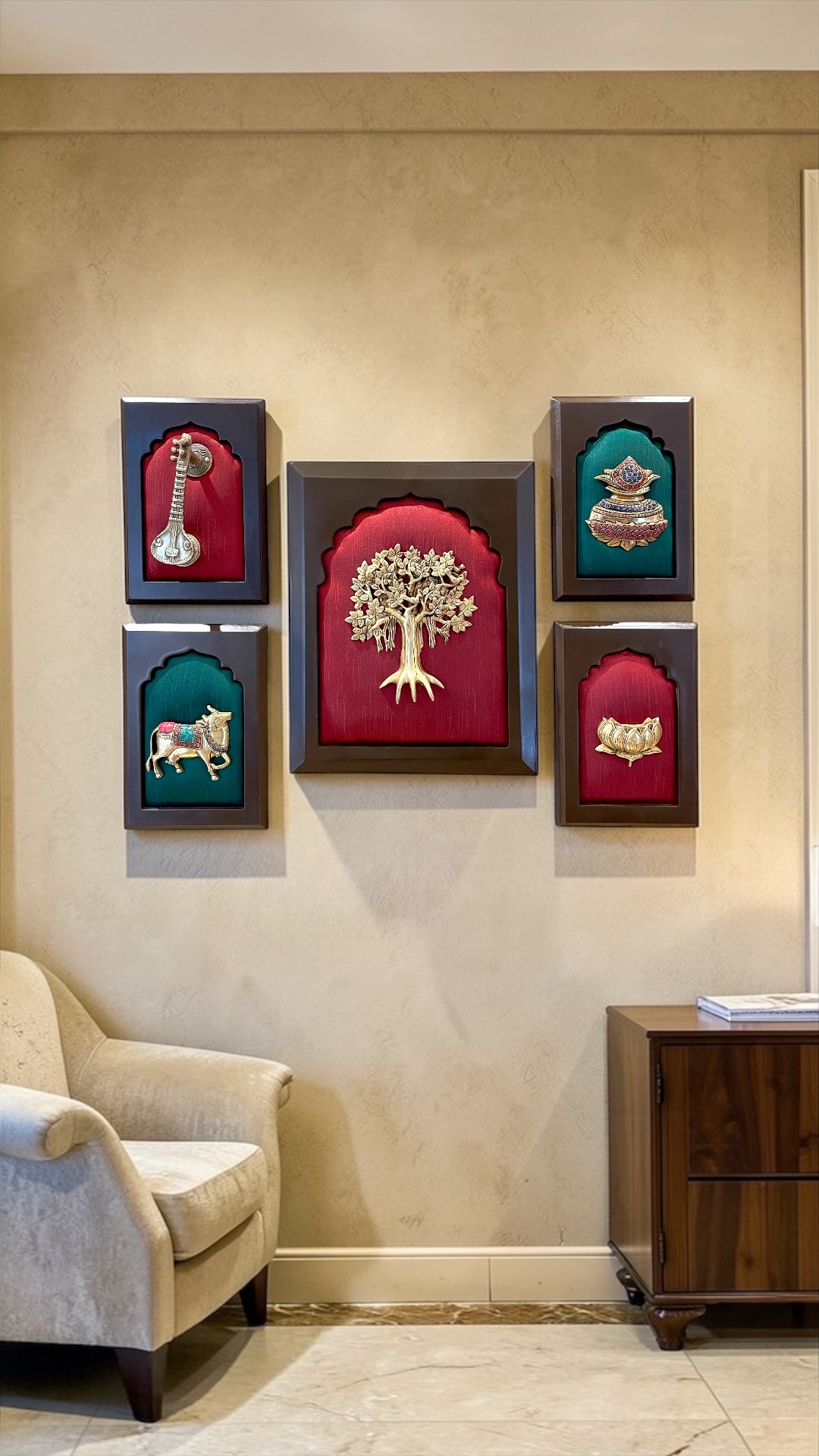 Divine Kalpavriksha Wall Art | Brass 5 Element Decor for Home | Luxury Spiritual Frame.