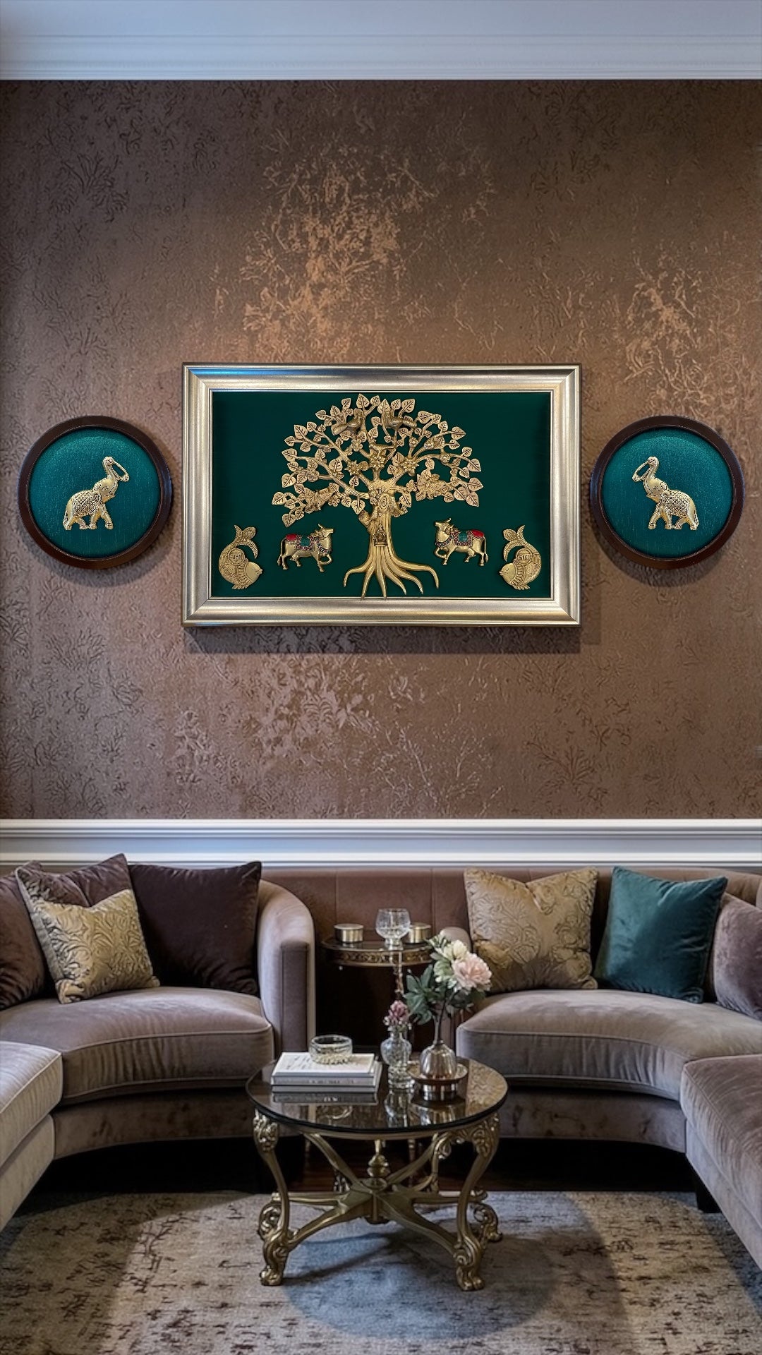 Brass Kalpavriksha Kamadhenu Wall Art with Elephants & Shubh Labh | Green Silk Wooden Frame