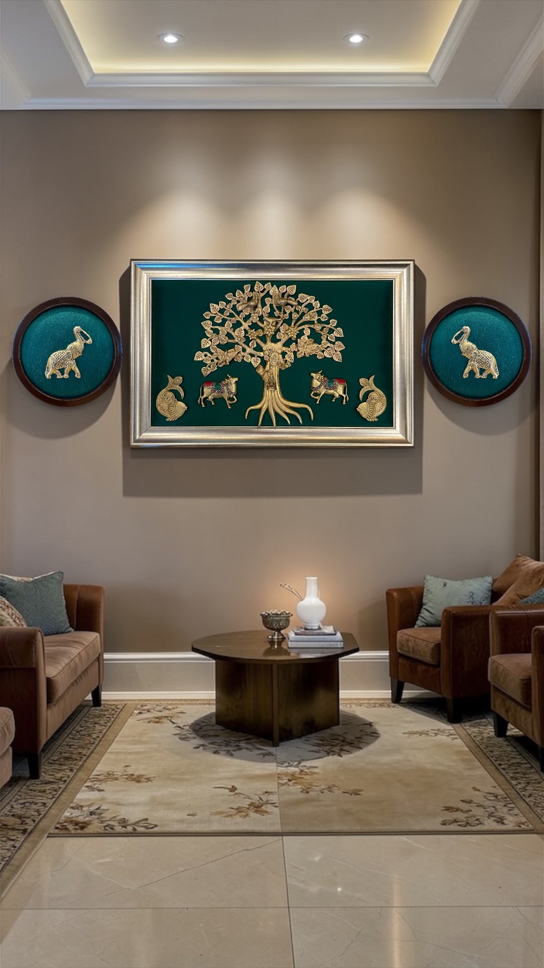 Brass Kalpavriksha Kamadhenu Wall Art with Elephants & Shubh Labh | Green Silk Wooden Frame