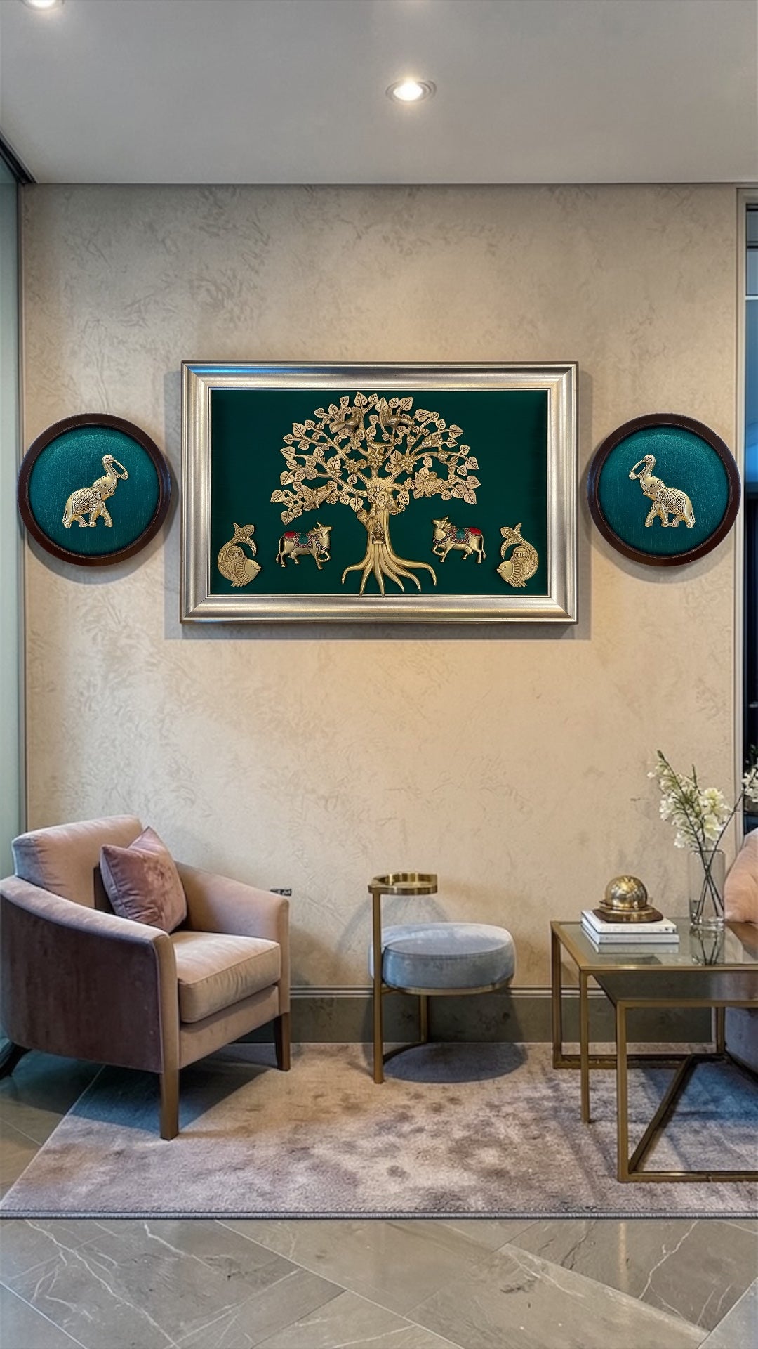 Brass Kalpavriksha Kamadhenu Wall Art with Elephants & Shubh Labh | Green Silk Wooden Frame