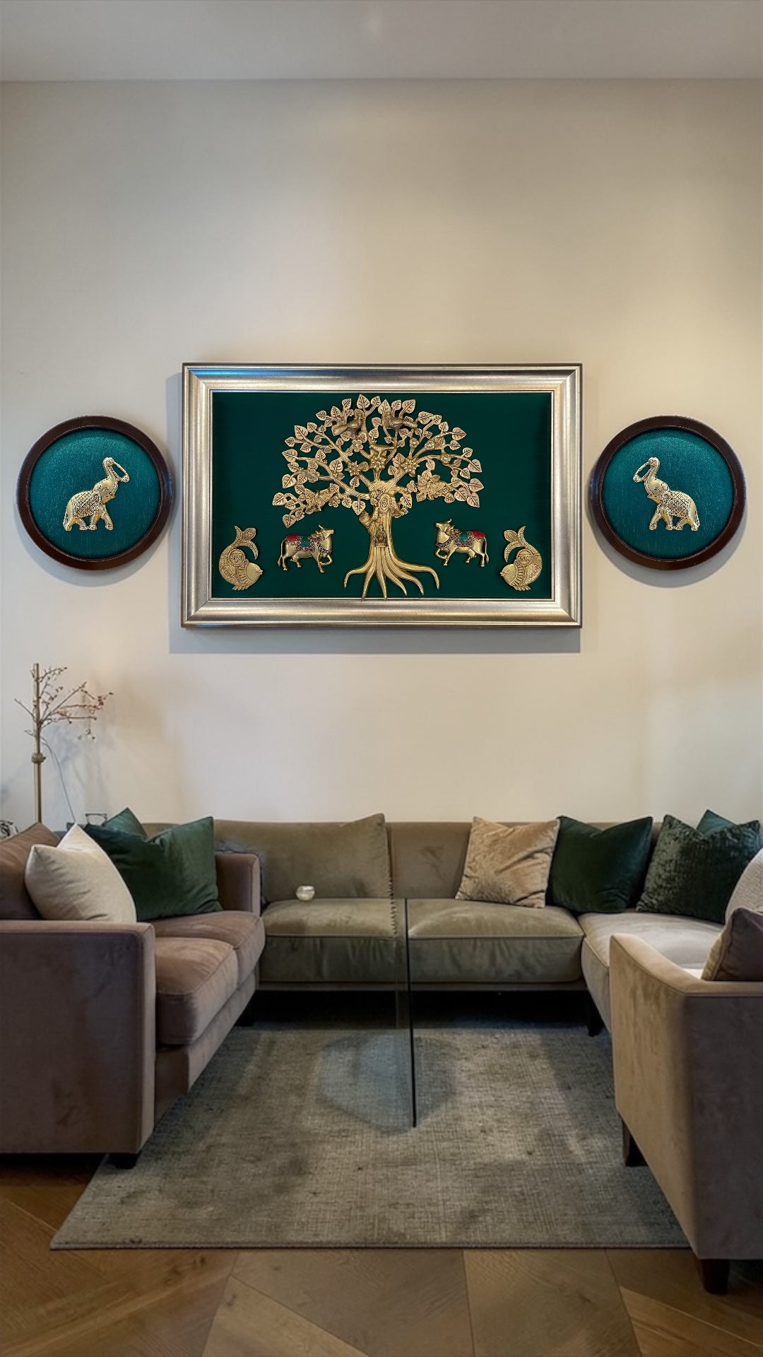 Brass Kalpavriksha Kamadhenu Wall Art with Elephants & Shubh Labh | Green Silk Wooden Frame