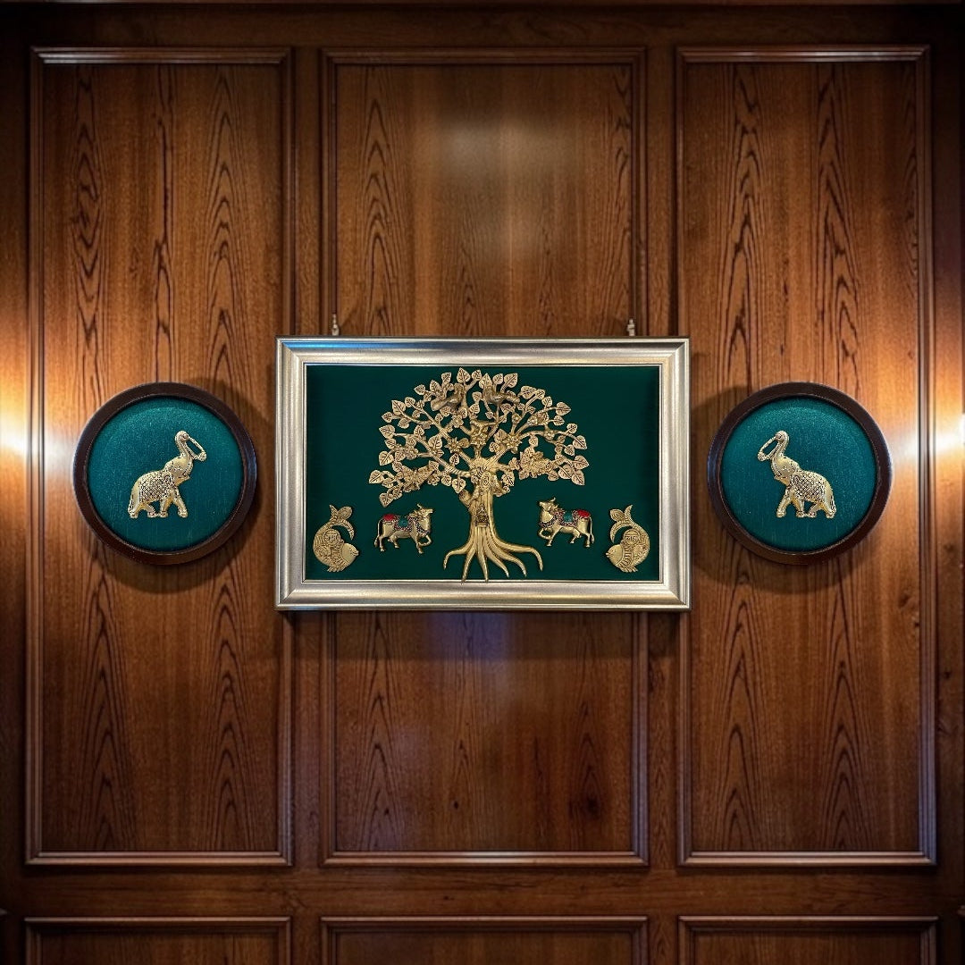 Brass Kalpavriksha Kamadhenu Wall Art with Elephants & Shubh Labh | Green Silk Wooden Frame