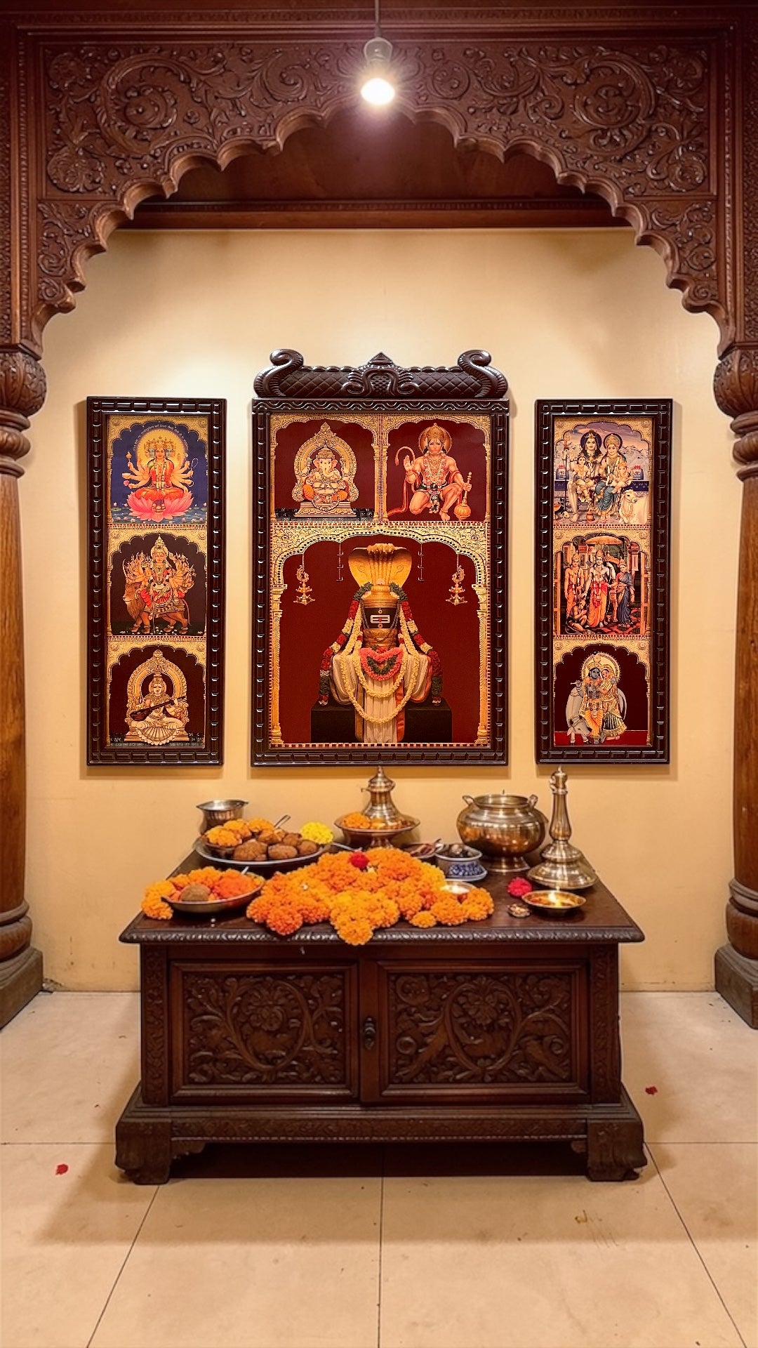 Set Of 3 Frame Gold Leaf Art | Divine Wooden Frame Wall Decor for Home, Pooja Room