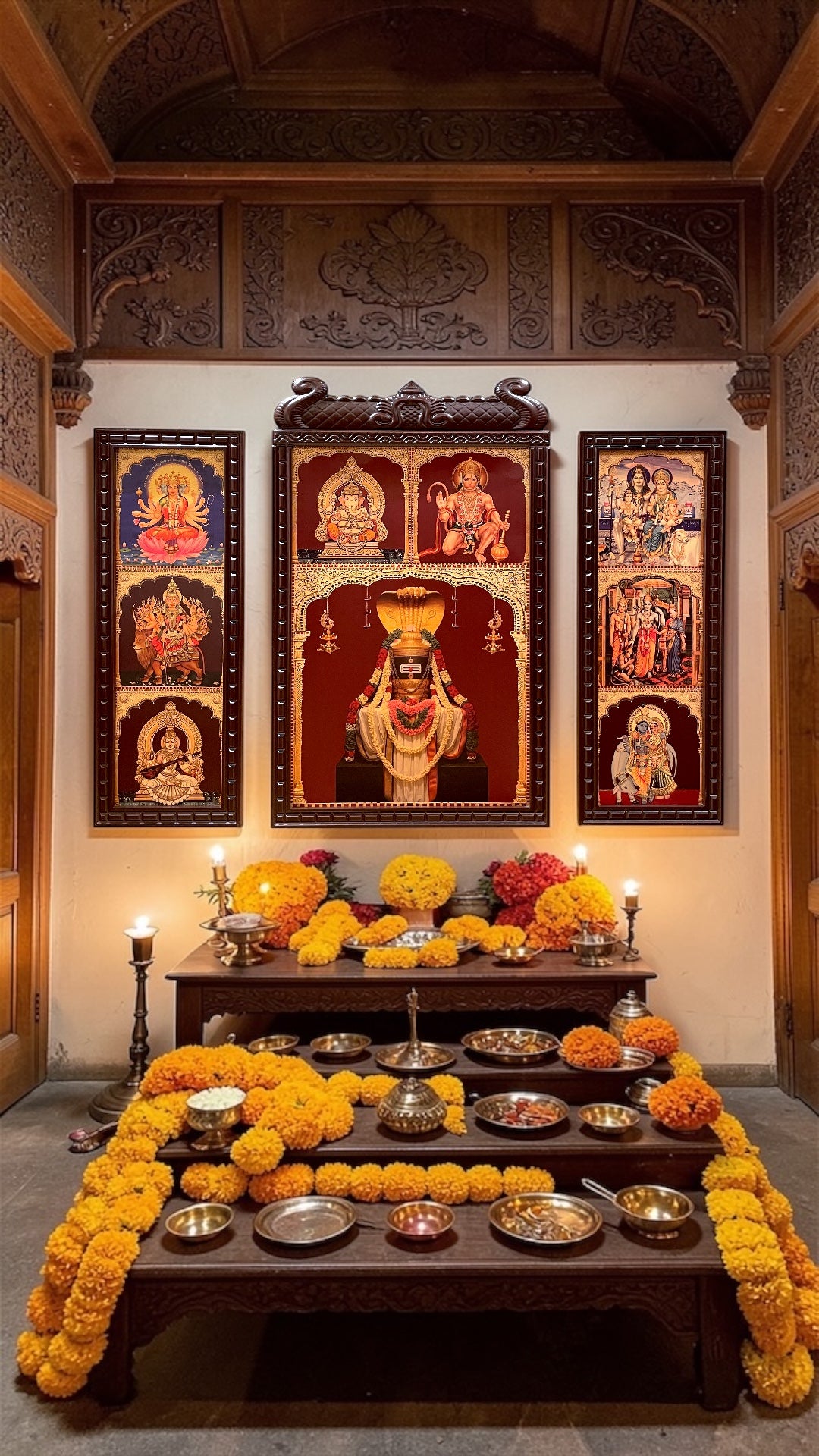 Set Of 3 Frame Gold Leaf Art | Divine Wooden Frame Wall Decor for Home, Pooja Room