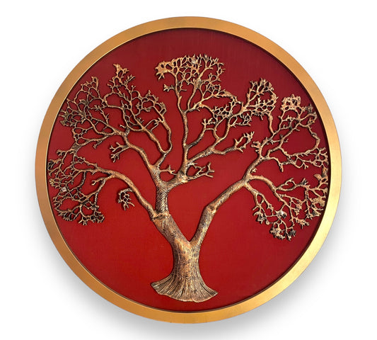 Tree Of Life : Metal Kalpavriksha Tree Circle Frame in Redwine Rawsilk