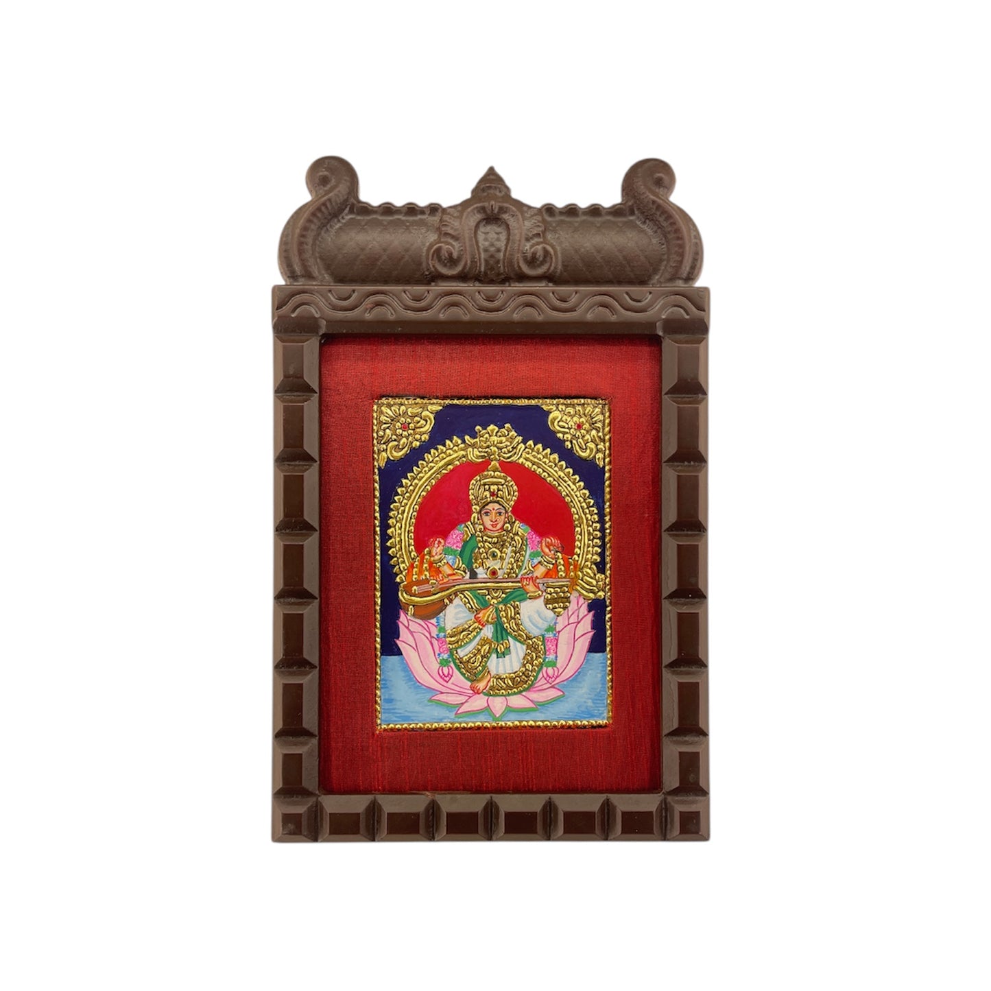 Goddess Saraswati Tanjore Painting in Temple-Style Wooden Frame