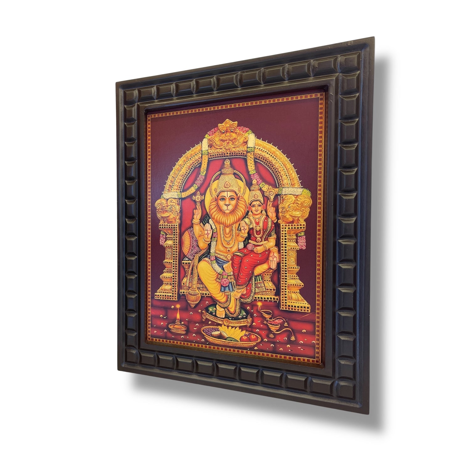 Lakshmi Narasimha 3 with Gold foiled art Within wooden frame
