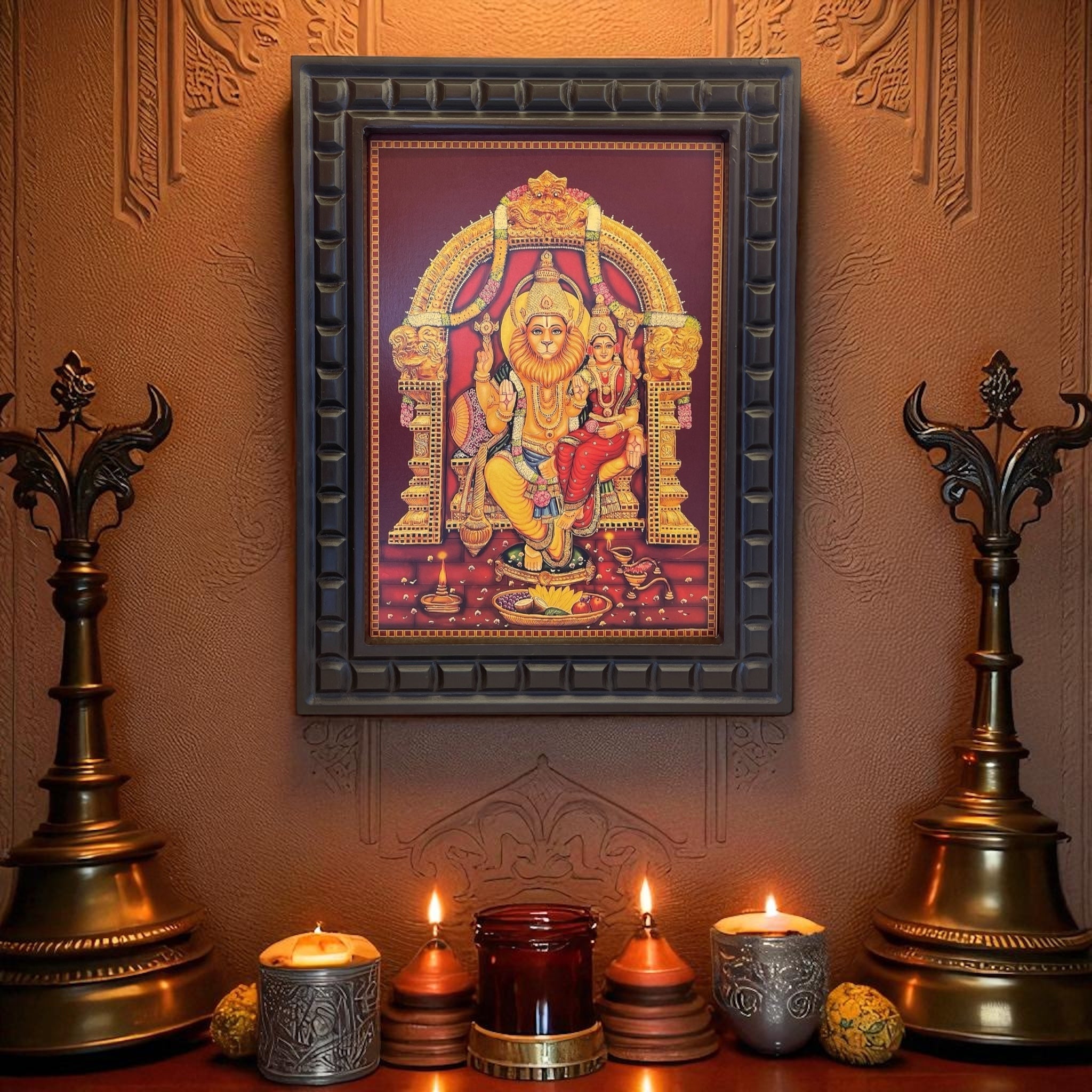 Lakshmi Narasimha 3 with Gold foiled art Within wooden frame