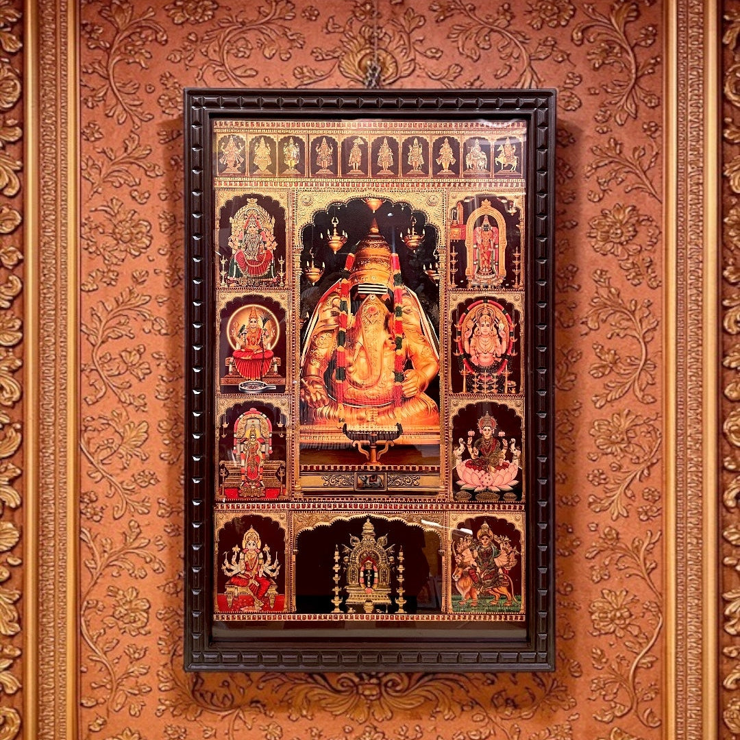 9 Gods Gold Leaf Wall Art Frame | Multi Deity Hindu Frame | Shiva Parivar, Tirupati Balaji, Lalitha Devi | Premium Engineered Wooden Frame for Pooja Room & Living Decor