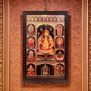 9 Gods Gold Leaf Wall Art Frame | Multi Deity Hindu Frame | Shiva Parivar, Tirupati Balaji, Lalitha Devi | Premium Engineered Wooden Frame for Pooja Room & Living Decor
