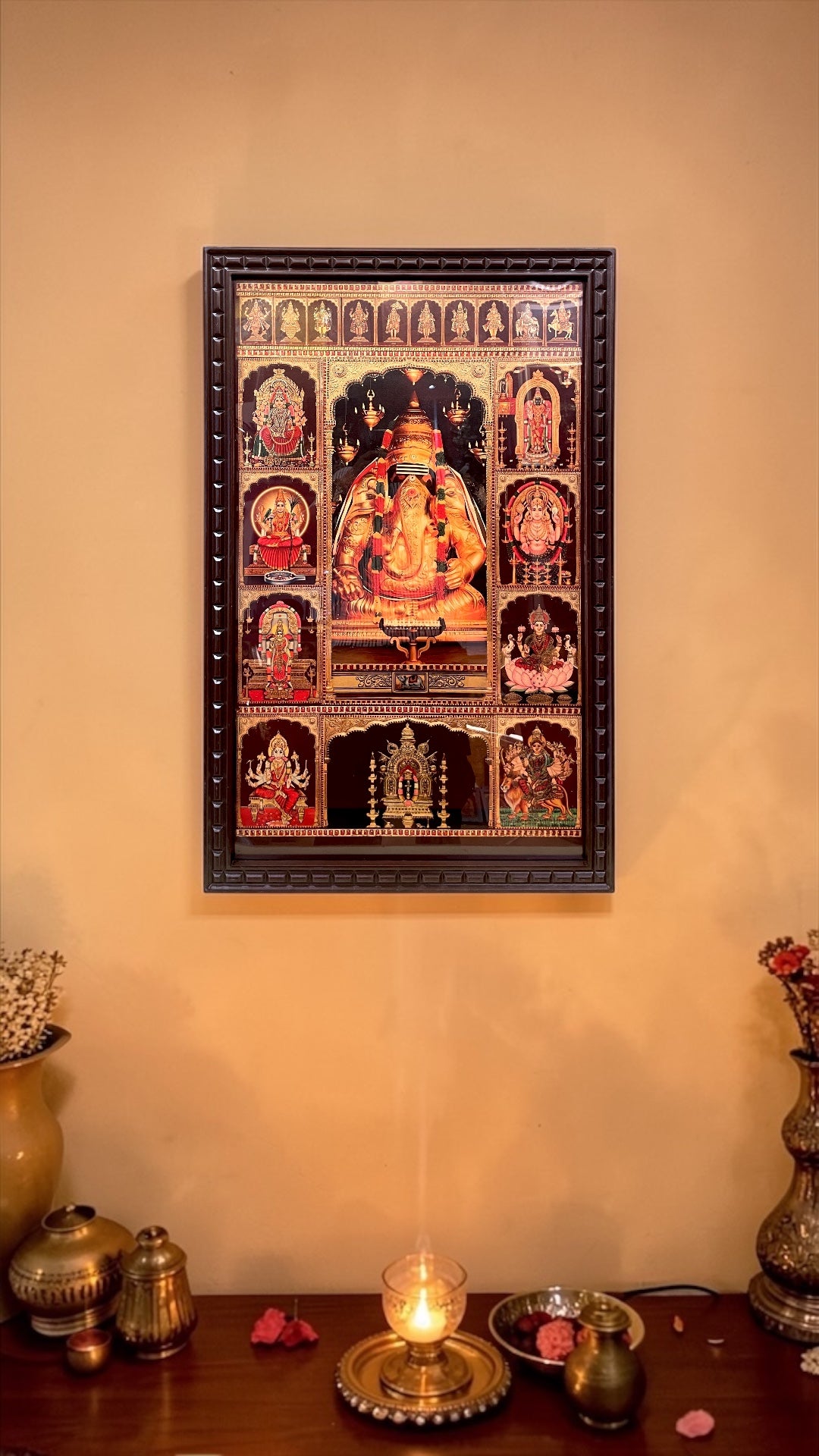 9 Gods Gold Leaf Wall Art Frame | Multi Deity Hindu Frame | Shiva Parivar, Tirupati Balaji, Lalitha Devi | Premium Engineered Wooden Frame for Pooja Room & Living Decor